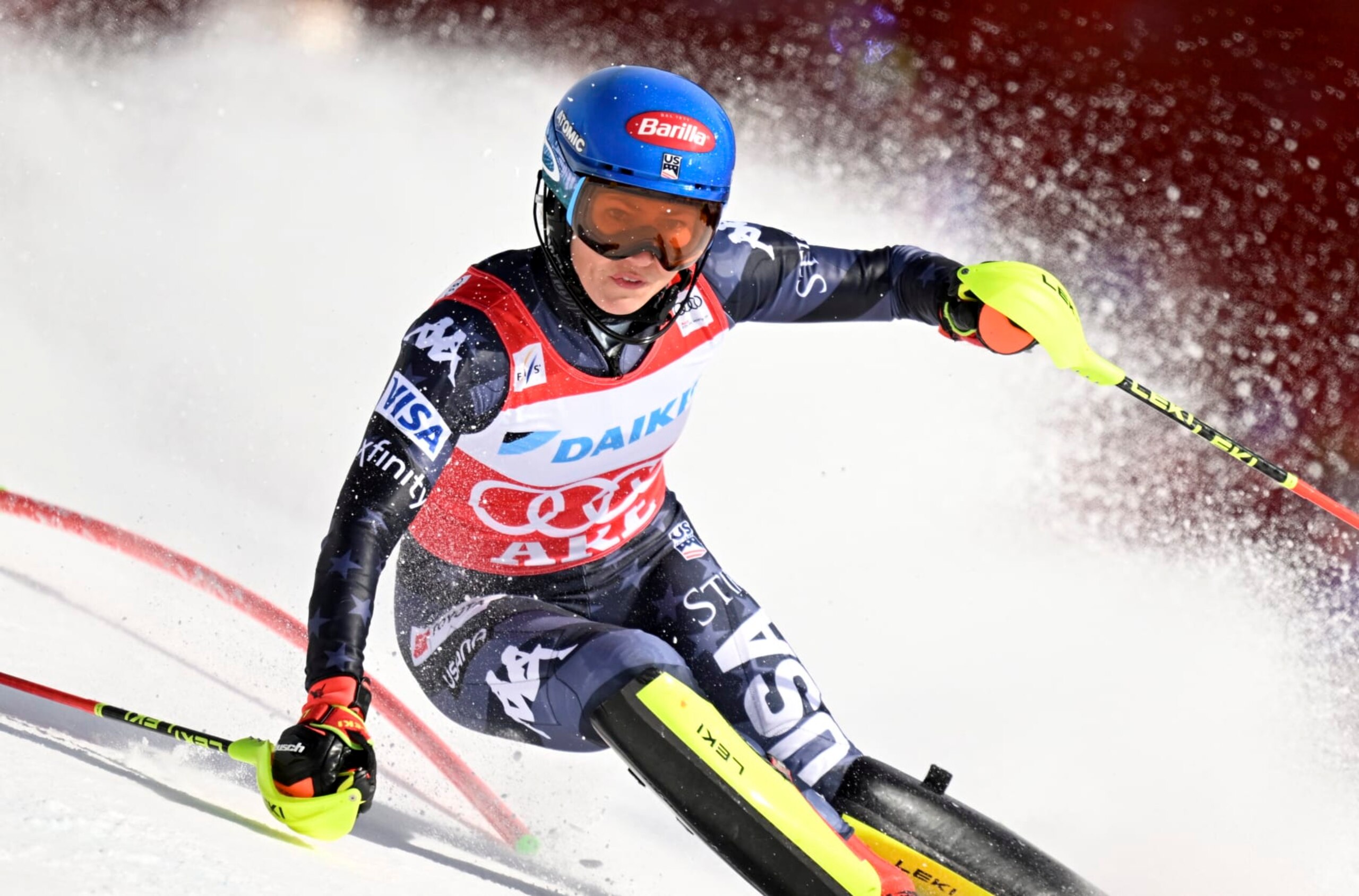 US Mikaela Shiffrin competes during the first run of the women slalom competition during the Alpine World Cup in Are, on March 11, 2023. (Photo by Pontus LUNDAHL / various sources / AFP) / Sweden OUT (Photo by PONTUS LUNDAHL/TT News Agency/AFP via Getty Images)