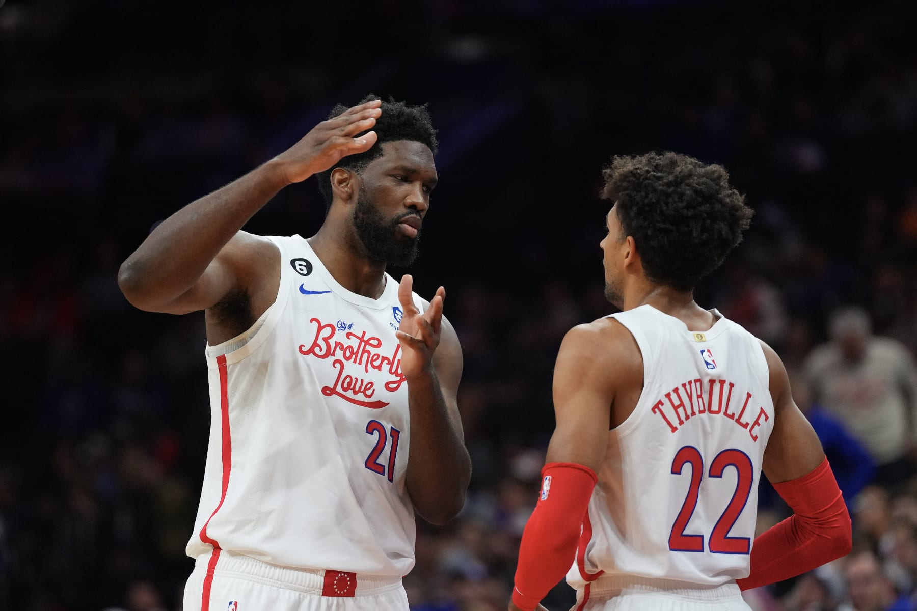 PHILADELPHIA, PA - NOVEMBER 13: Joel Embiid #21 of the Philadelphia 76ers talks to Matisse Thybulle #22 against the Utah Jazz in the first half at the Wells Fargo Center on November 13, 2022 in Philadelphia, Pennsylvania. NOTE TO USER: User expressly acknowledges and agrees that, by downloading and or using this photograph, User is consenting to the terms and conditions of the Getty Images License Agreement. (Photo by Mitchell Leff/Getty Images)