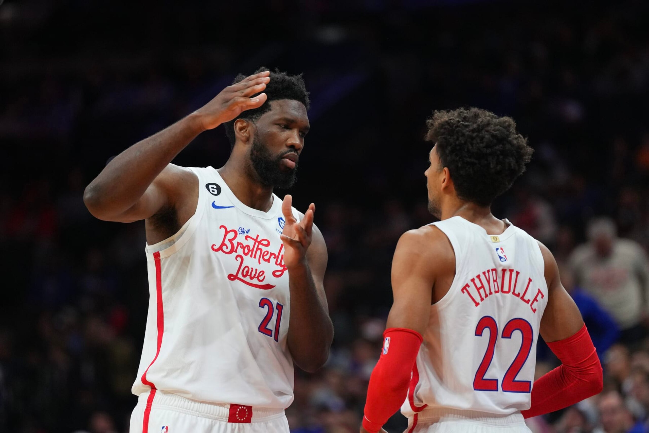 PHILADELPHIA, PA - NOVEMBER 13: Joel Embiid #21 of the Philadelphia 76ers talks to Matisse Thybulle #22 against the Utah Jazz in the first half at the Wells Fargo Center on November 13, 2022 in Philadelphia, Pennsylvania. NOTE TO USER: User expressly acknowledges and agrees that, by downloading and or using this photograph, User is consenting to the terms and conditions of the Getty Images License Agreement. (Photo by Mitchell Leff/Getty Images)