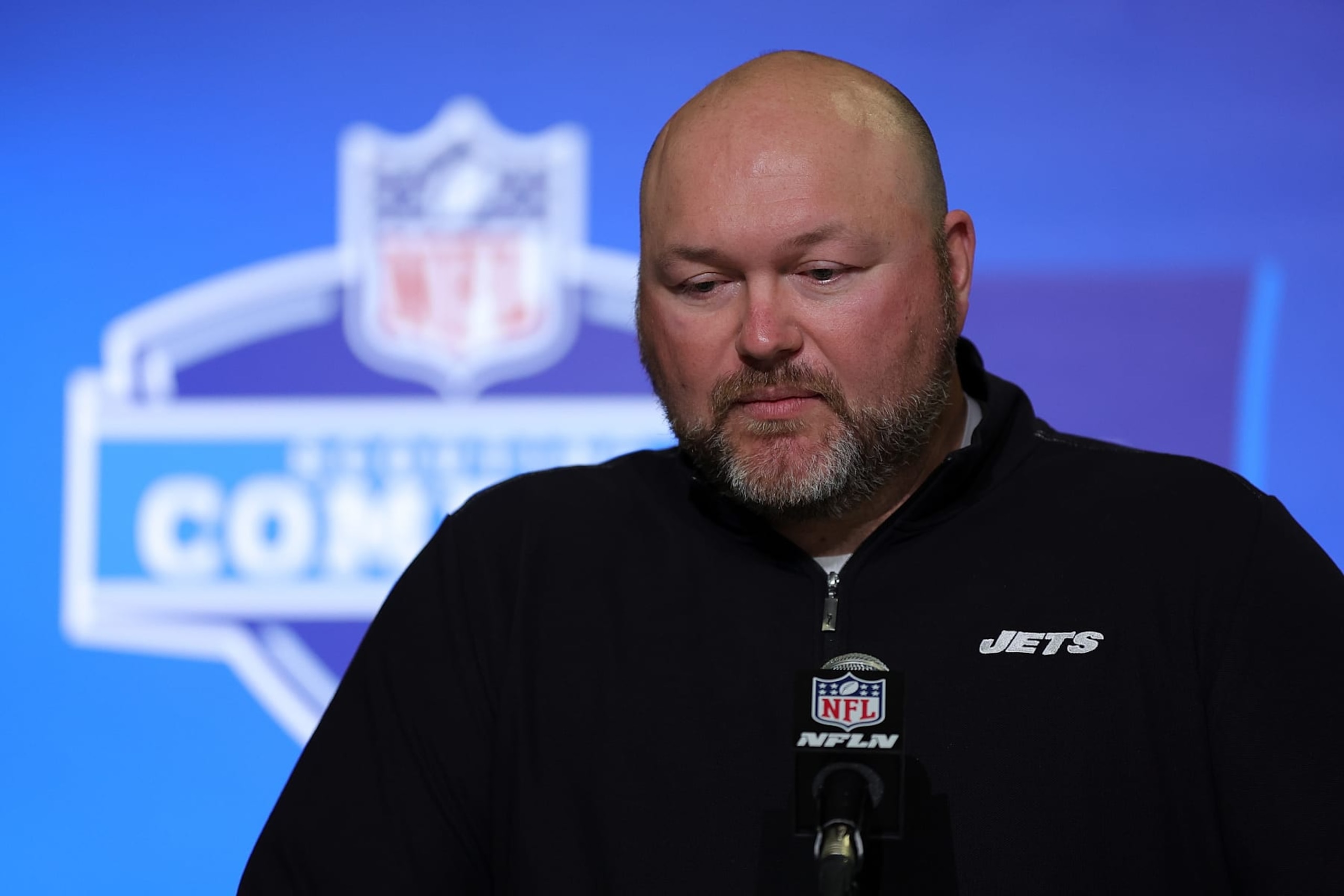 INDIANAPOLIS, INDIANA - FEBRUARY 28: General manager Joe Douglas of the New York Jets speaks to the media during the NFL Combine at the Indiana Convention Center on February 28, 2023 in Indianapolis, Indiana. (Photo by Stacy Revere/Getty Images)