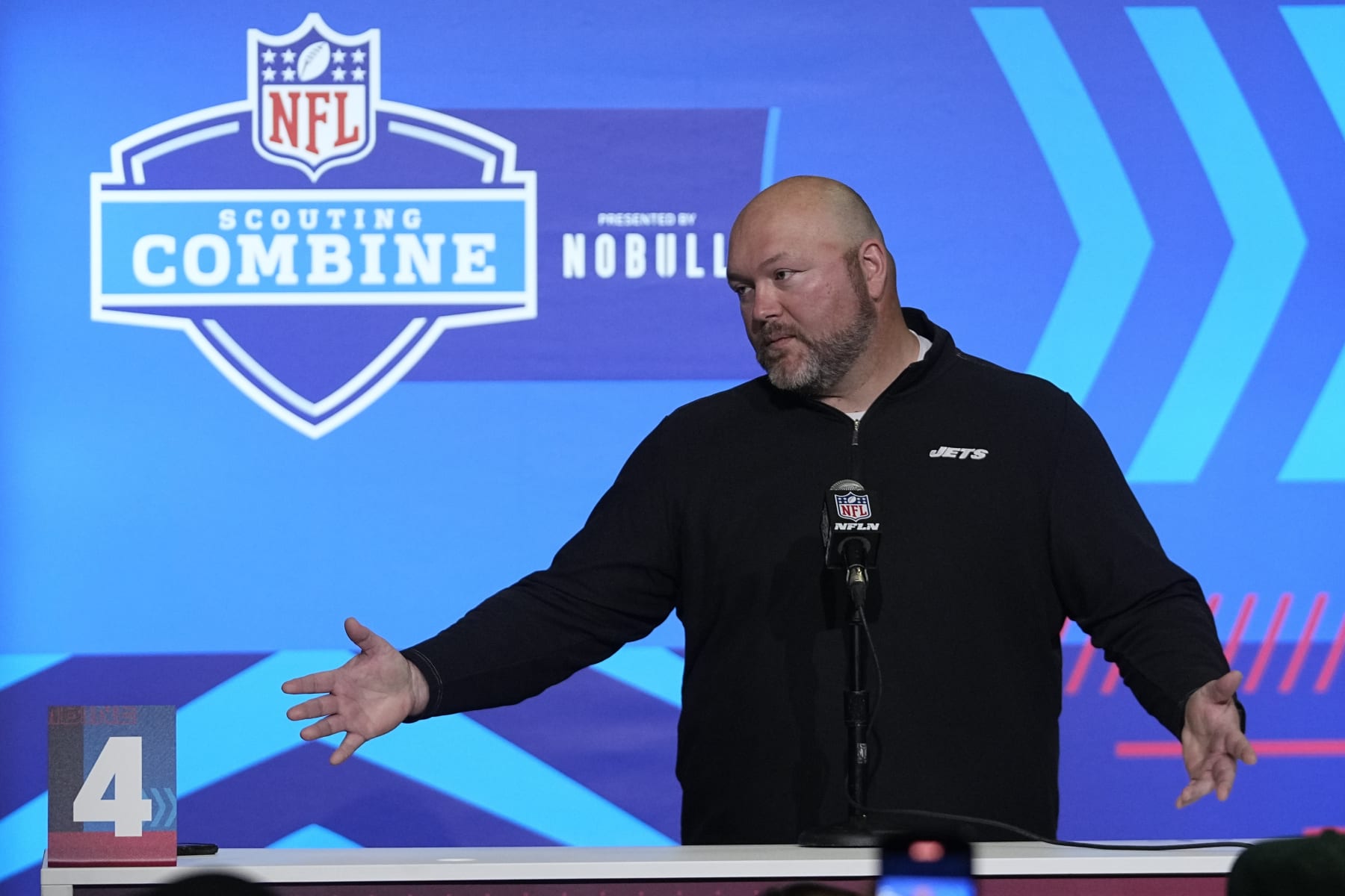 New York Jets general manager Joe Douglas speaks during a news conference at the NFL football scouting combine, Tuesday, Feb. 28, 2023, in Indianapolis. (AP Photo/Darron Cummings)