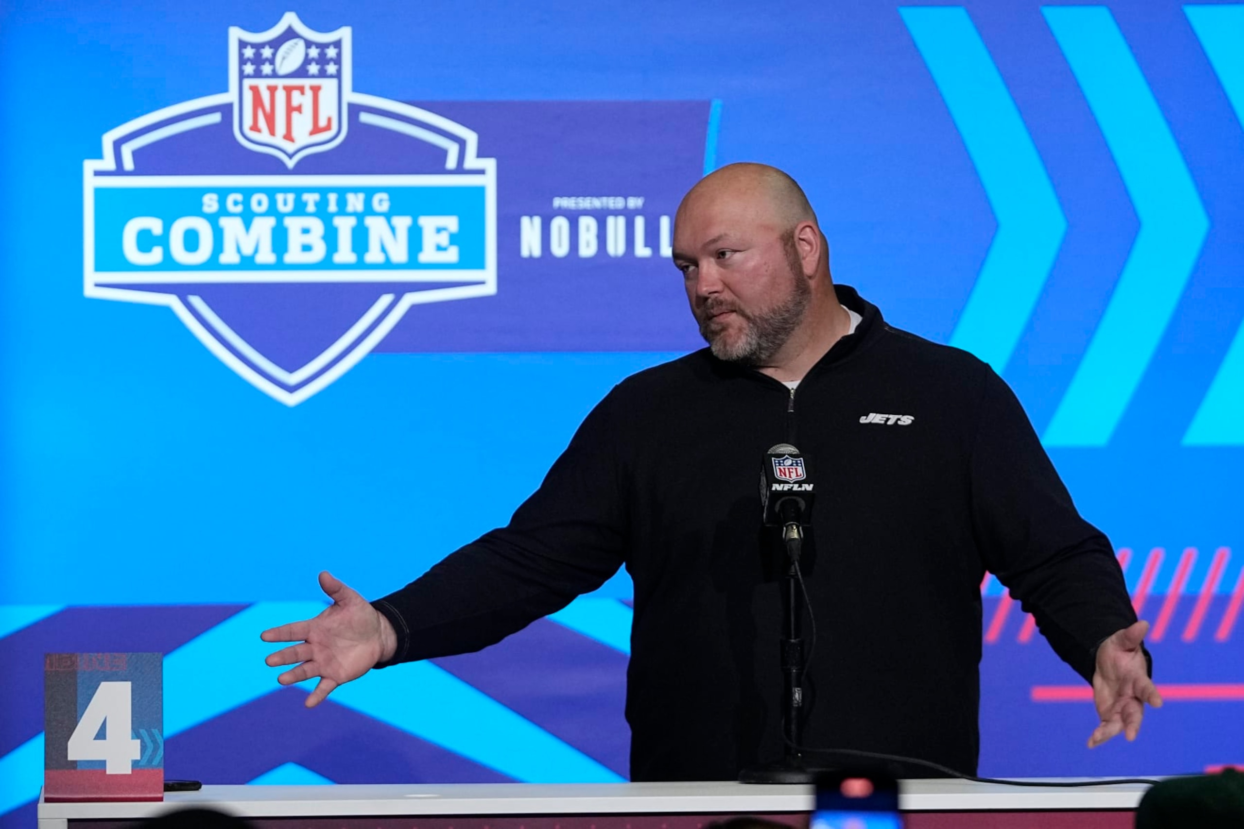New York Jets general manager Joe Douglas speaks during a news conference at the NFL football scouting combine, Tuesday, Feb. 28, 2023, in Indianapolis. (AP Photo/Darron Cummings)