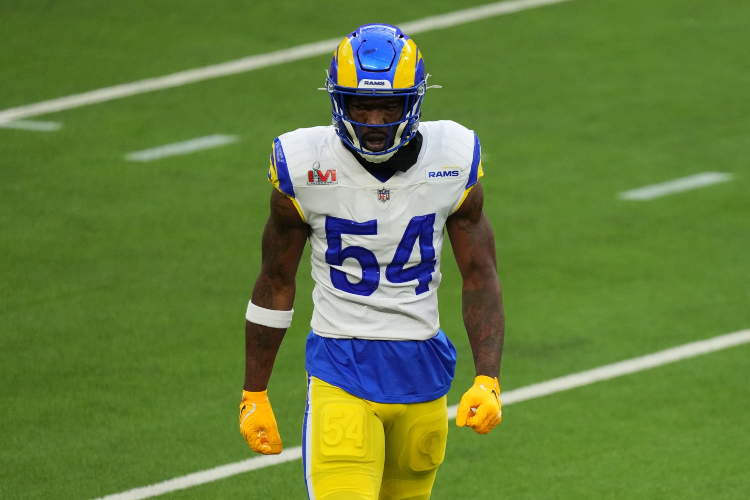 INGLEWOOD, CALIFORNIA - FEBRUARY 13: Leonard Floyd #54 of the Los Angeles Rams gets set after the play during to the NFL Super Bowl LVI football game against the Cincinnati Bengals at SoFi Stadium on February 13, 2022 in Inglewood, California. (Photo by Cooper Neill/Getty Images)