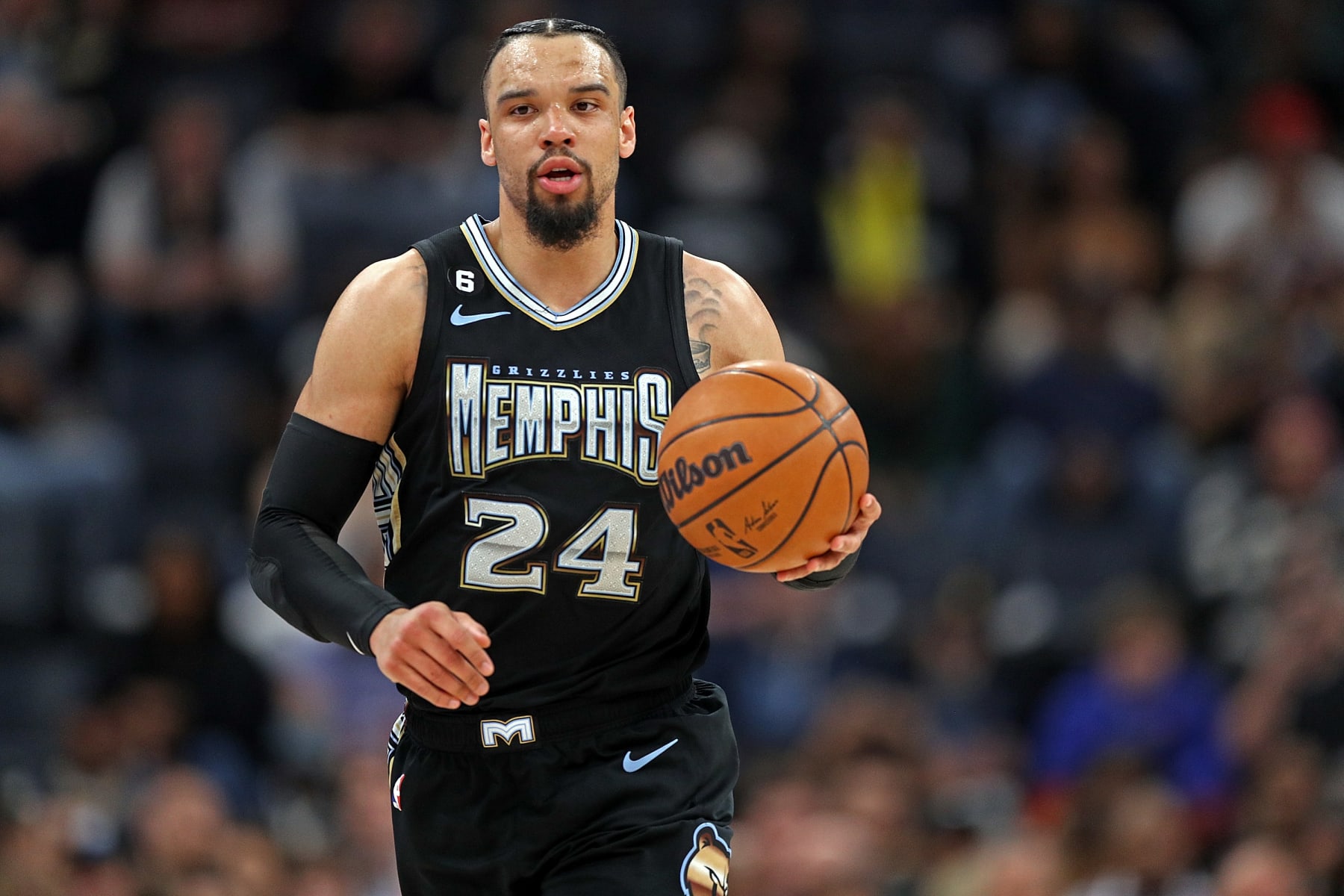 MEMPHIS, TENNESSEE - FEBRUARY 28: Dillon Brooks #24 of the Memphis Grizzlies brings the ball up court during the game against the Los Angeles Lakers at FedExForum on February 28, 2023 in Memphis, Tennessee. NOTE TO USER: User expressly acknowledges and agrees that, by downloading and or using this photograph, User is consenting to the terms and conditions of the Getty Images License Agreement. (Photo by Justin Ford/Getty Images)