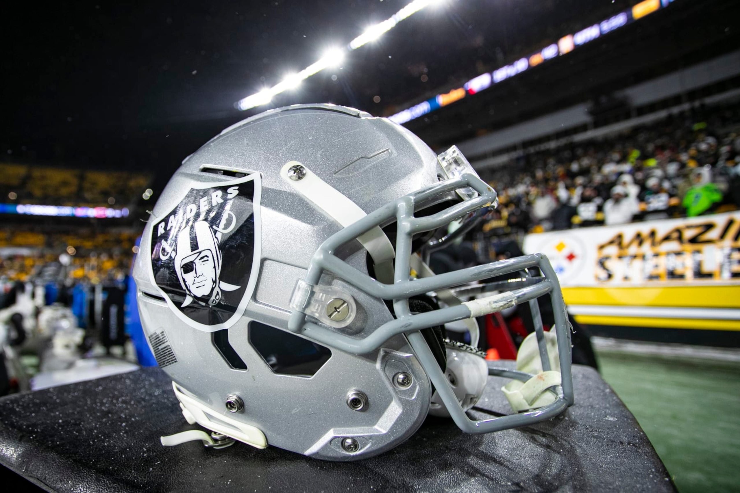PITTSBURGH, PA - DECEMBER 24: A photo of a Las Vegas Raiders helmet on the sideline during the national football league game between the Las Vegas Raiders and the Pittsburgh Steelers on December 24, 2022 at Acrisure Stadium in Pittsburgh, PA. (Photo by Mark Alberti/Icon Sportswire via Getty Images)