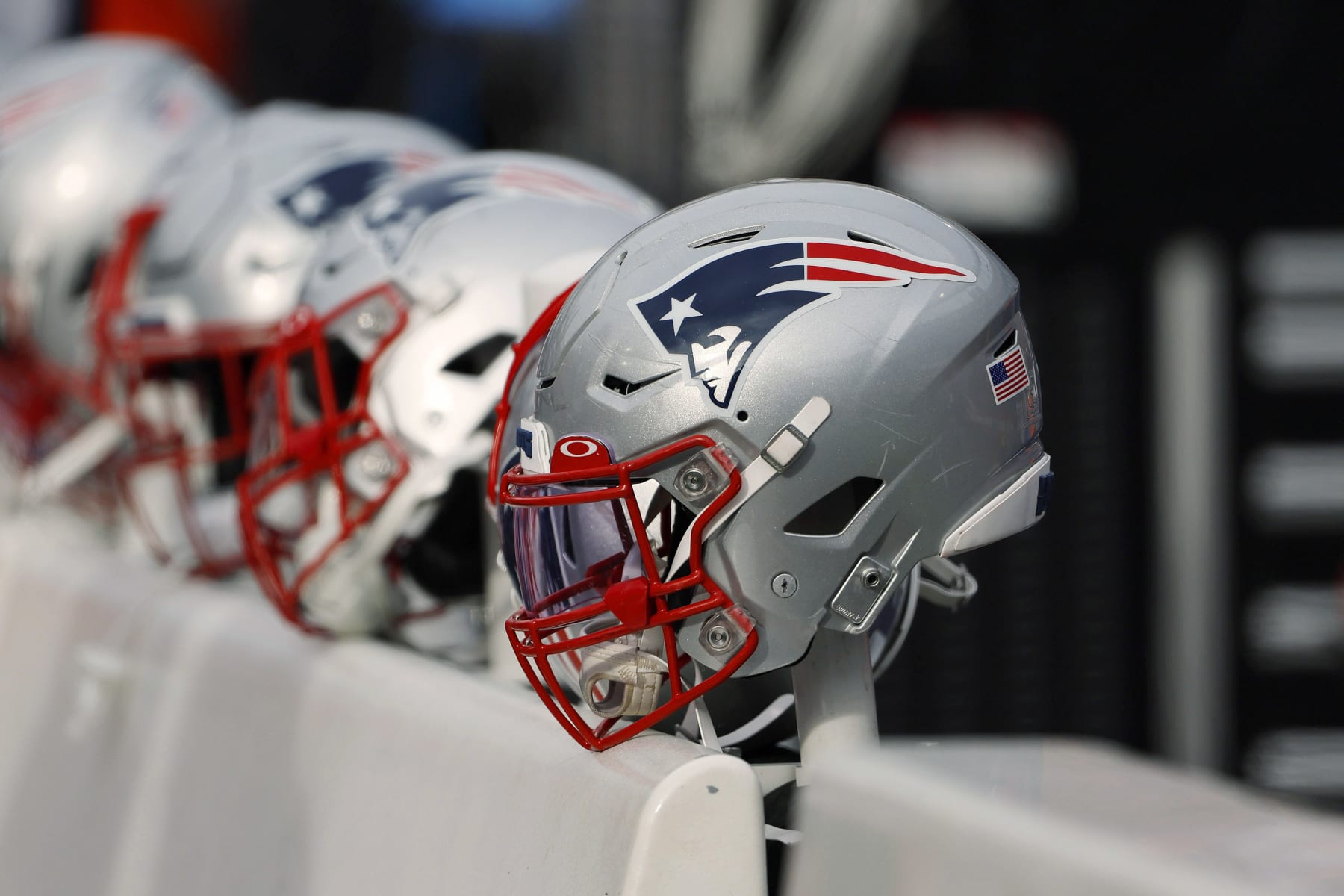 FOXBOROUGH, MASSACHUSETTS - JANUARY 01: The New England Patriots logo is seen on a helmet during the game between the New England Patriots and the Miami Dolphins at Gillette Stadium on January 01, 2023 in Foxborough, Massachusetts. (Photo by Winslow Townson/Getty Images)