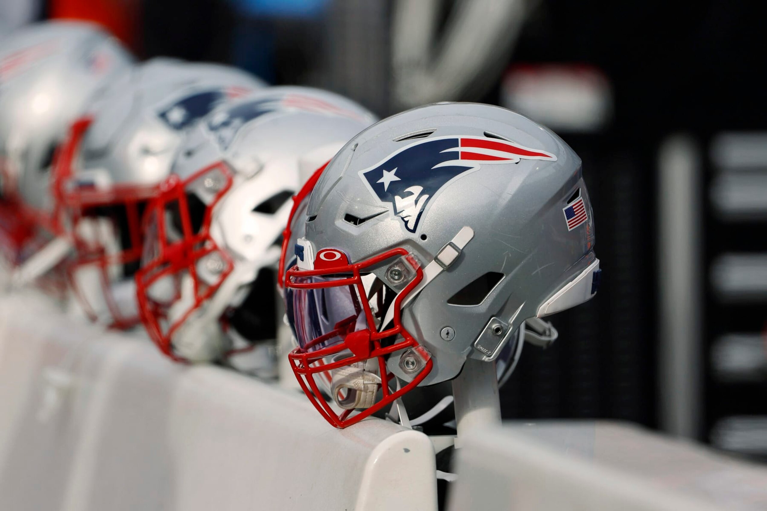 FOXBOROUGH, MASSACHUSETTS - JANUARY 01: The New England Patriots logo is seen on a helmet during the game between the New England Patriots and the Miami Dolphins at Gillette Stadium on January 01, 2023 in Foxborough, Massachusetts. (Photo by Winslow Townson/Getty Images)