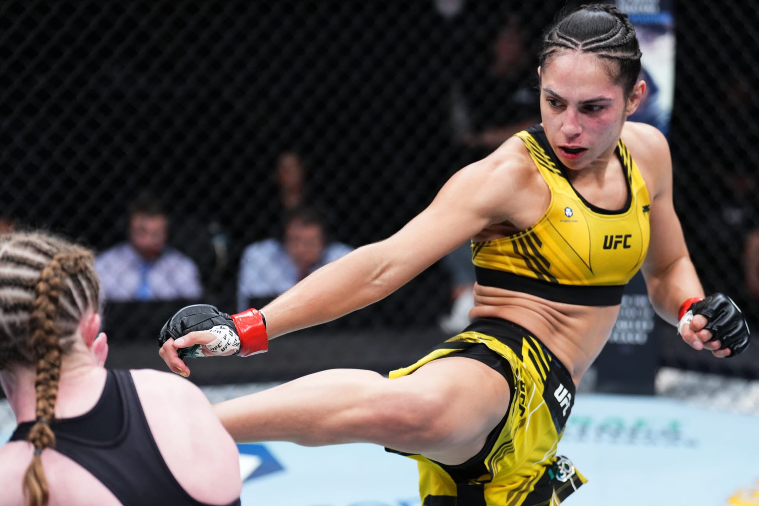 LAS VEGAS, NEVADA - MARCH 11: (R-L) Ariane Lipski of Brazil kicks JJ Aldrich in a flyweight fight during the UFC Fight Night event at The Theater at Virgin Hotels Las Vegas on March 11, 2023 in Las Vegas, Nevada. (Photo by Chris Unger/Zuffa LLC via Getty Images)
