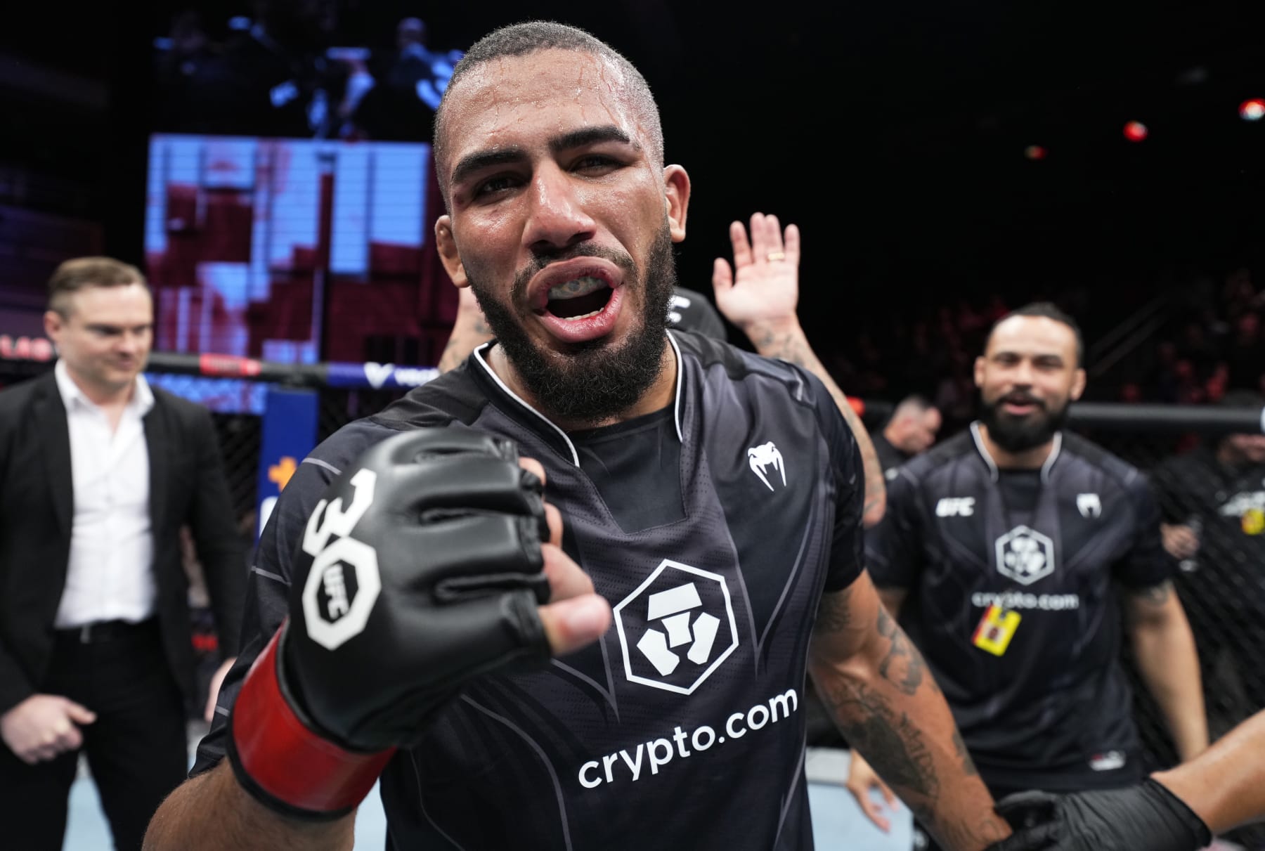 LAS VEGAS, NEVADA - MARCH 11: Vitor Petrino of Brazil reacts after his victory over Anton Turkalj of Sweden in a light heavyweight fight during the UFC Fight Night event at The Theater at Virgin Hotels Las Vegas on March 11, 2023 in Las Vegas, Nevada. (Photo by Chris Unger/Zuffa LLC via Getty Images)