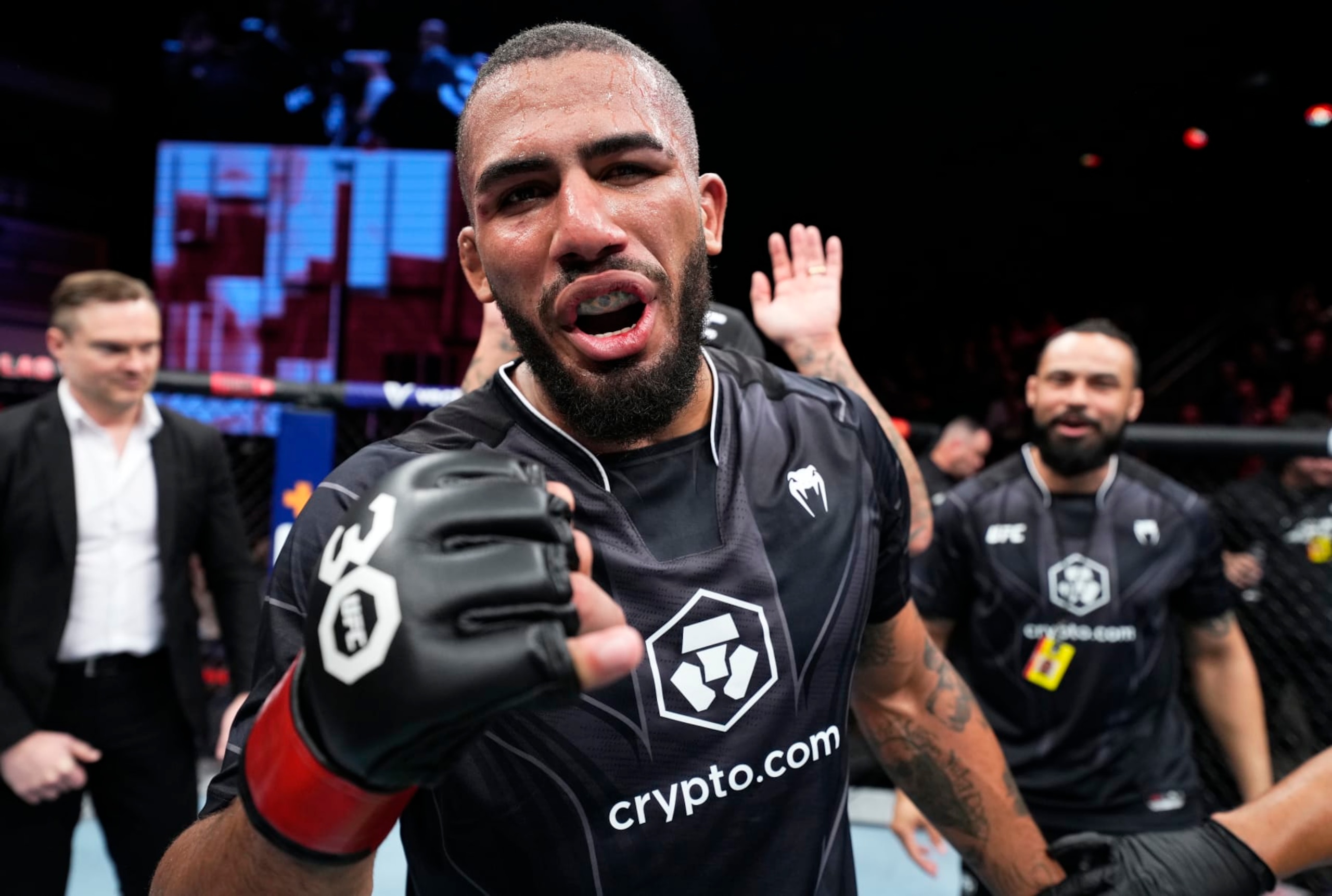 LAS VEGAS, NEVADA - MARCH 11: Vitor Petrino of Brazil reacts after his victory over Anton Turkalj of Sweden in a light heavyweight fight during the UFC Fight Night event at The Theater at Virgin Hotels Las Vegas on March 11, 2023 in Las Vegas, Nevada. (Photo by Chris Unger/Zuffa LLC via Getty Images)