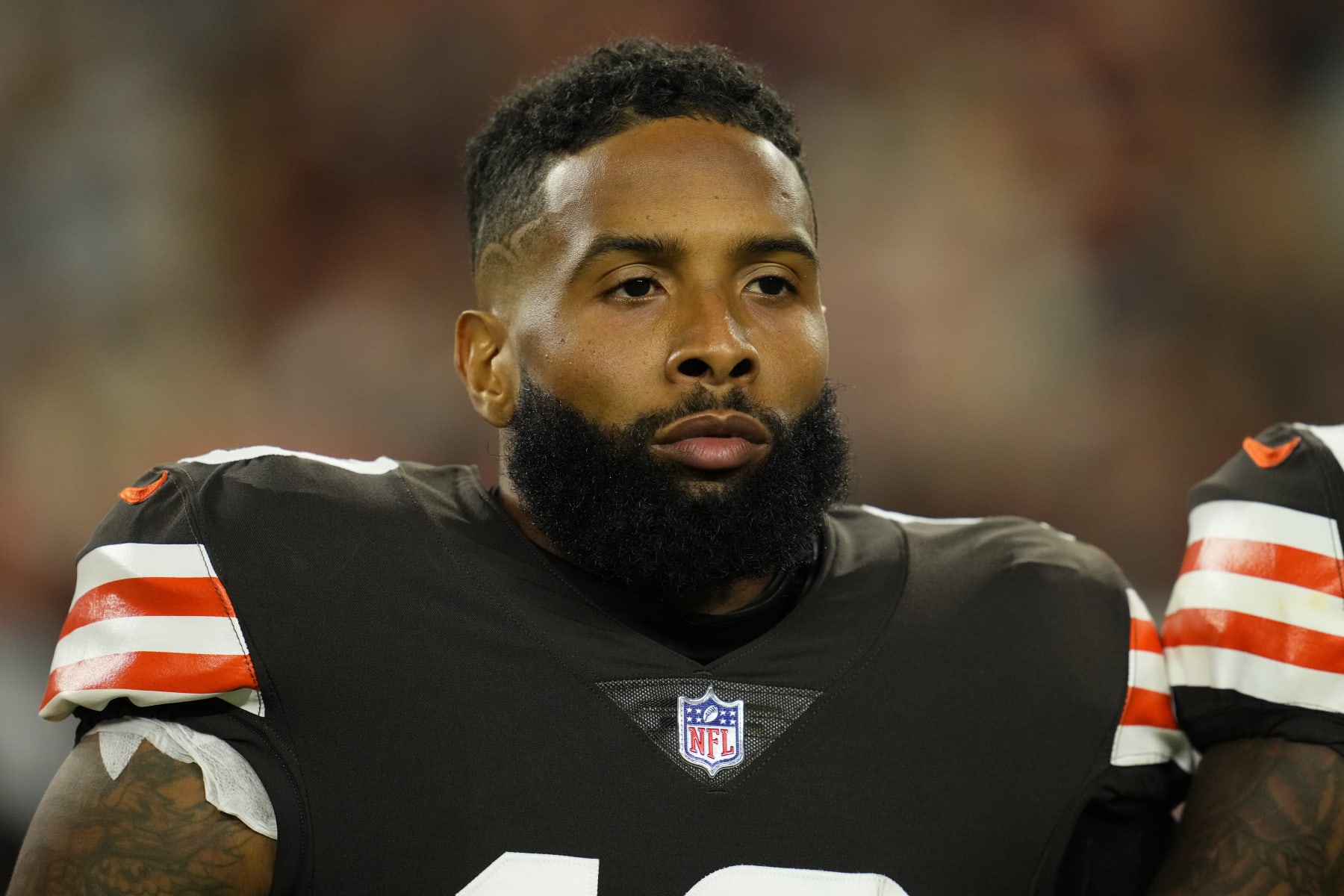 CLEVELAND, OHIO - OCTOBER 21: Odell Beckham Jr. #13 of the Cleveland Browns stands during the national anthem during to an NFL game against the Denver Broncos at FirstEnergy Stadium on October 21, 2021 in Cleveland, Ohio. (Photo by Cooper Neill/Getty Images)