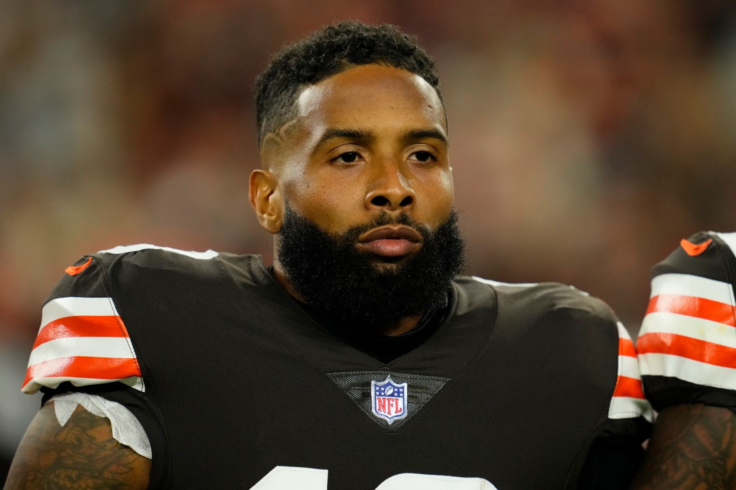 CLEVELAND, OHIO - OCTOBER 21: Odell Beckham Jr. #13 of the Cleveland Browns stands during the national anthem during to an NFL game against the Denver Broncos at FirstEnergy Stadium on October 21, 2021 in Cleveland, Ohio. (Photo by Cooper Neill/Getty Images) CLEVELAND, OHIO - OCTOBER 21: Odell Beckham Jr. #13 of the Cleveland Browns stands during the national anthem during to an NFL game against the Denver Broncos at FirstEnergy Stadium on October 21, 2021 in Cleveland, Ohio. (Photo by Cooper Neill/Getty Images)