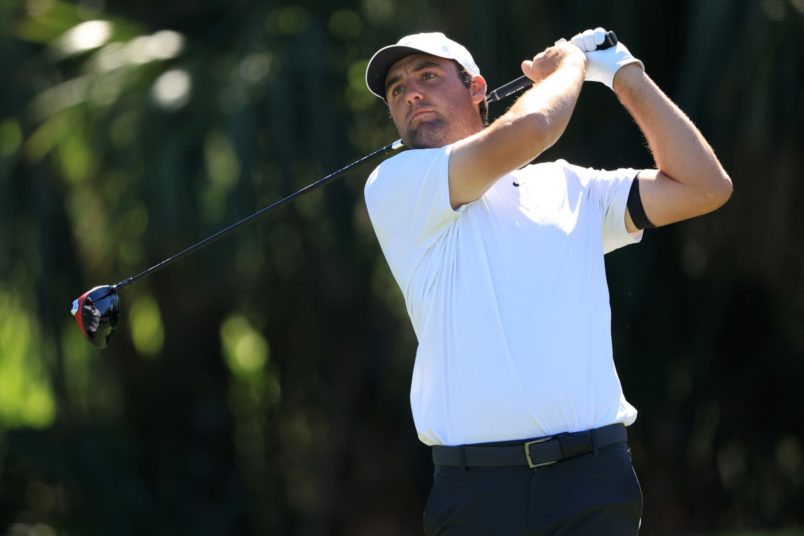 PONTE VEDRA BEACH, FLORIDA - MARCH 11: Scottie Scheffler of the United States plays his tee shot on the seventh hole during the third round of THE PLAYERS Championship on THE PLAYERS Stadium Course at TPC Sawgrass on March 11, 2023 in Ponte Vedra Beach, Florida. (Photo by Sam Greenwood/Getty Images)
