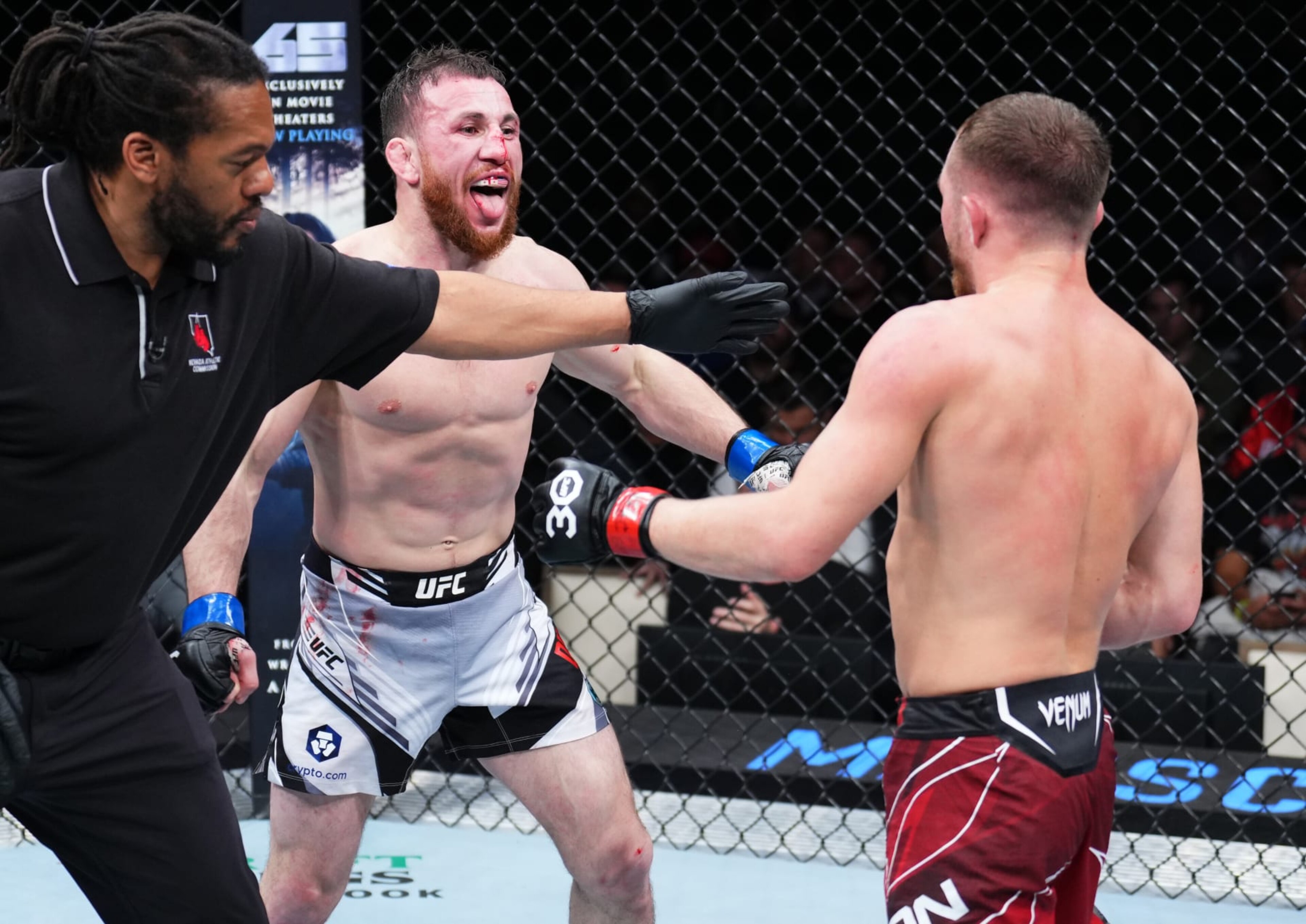 LAS VEGAS, NEVADA - MARCH 11: Merab Dvalishvili (L) of Georgia reacts after the conclusion of his bantamweight fight against Petr Yan of Russia during the UFC Fight Night event at The Theater at Virgin Hotels Las Vegas on March 11, 2023 in Las Vegas, Nevada. (Photo by Chris Unger/Zuffa LLC via Getty Images) LAS VEGAS, NEVADA - MARCH 11: Merab Dvalishvili (L) of Georgia reacts after the conclusion of his bantamweight fight against Petr Yan of Russia during the UFC Fight Night event at The Theater at Virgin Hotels Las Vegas on March 11, 2023 in Las Vegas, Nevada. (Photo by Chris Unger/Zuffa LLC via Getty Images)