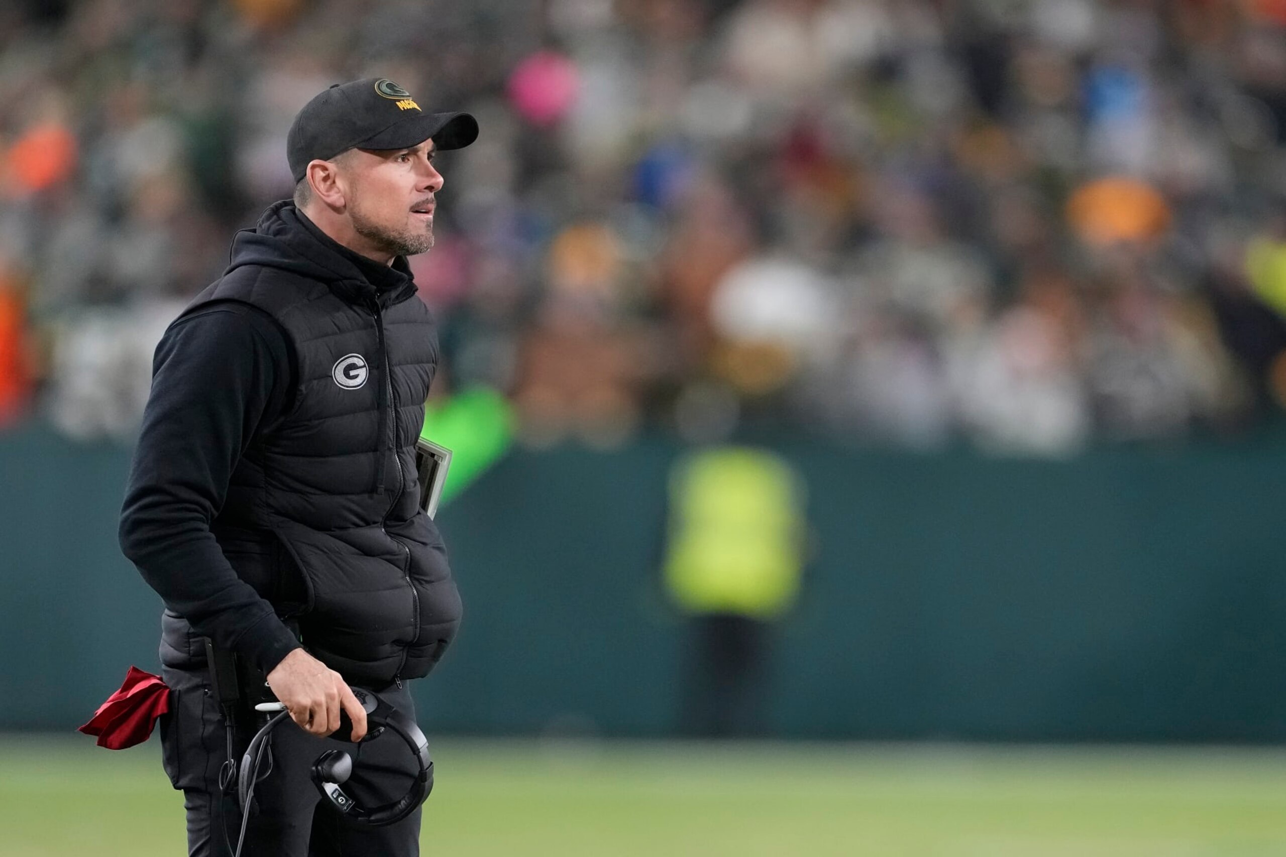 GREEN BAY, WISCONSIN - JANUARY 08: Head coach Matt LaFleur of the Green Bay Packers reacts after a penalty during the fourth quarter against the Detroit Lions at Lambeau Field on January 08, 2023 in Green Bay, Wisconsin. (Photo by Patrick McDermott/Getty Images)