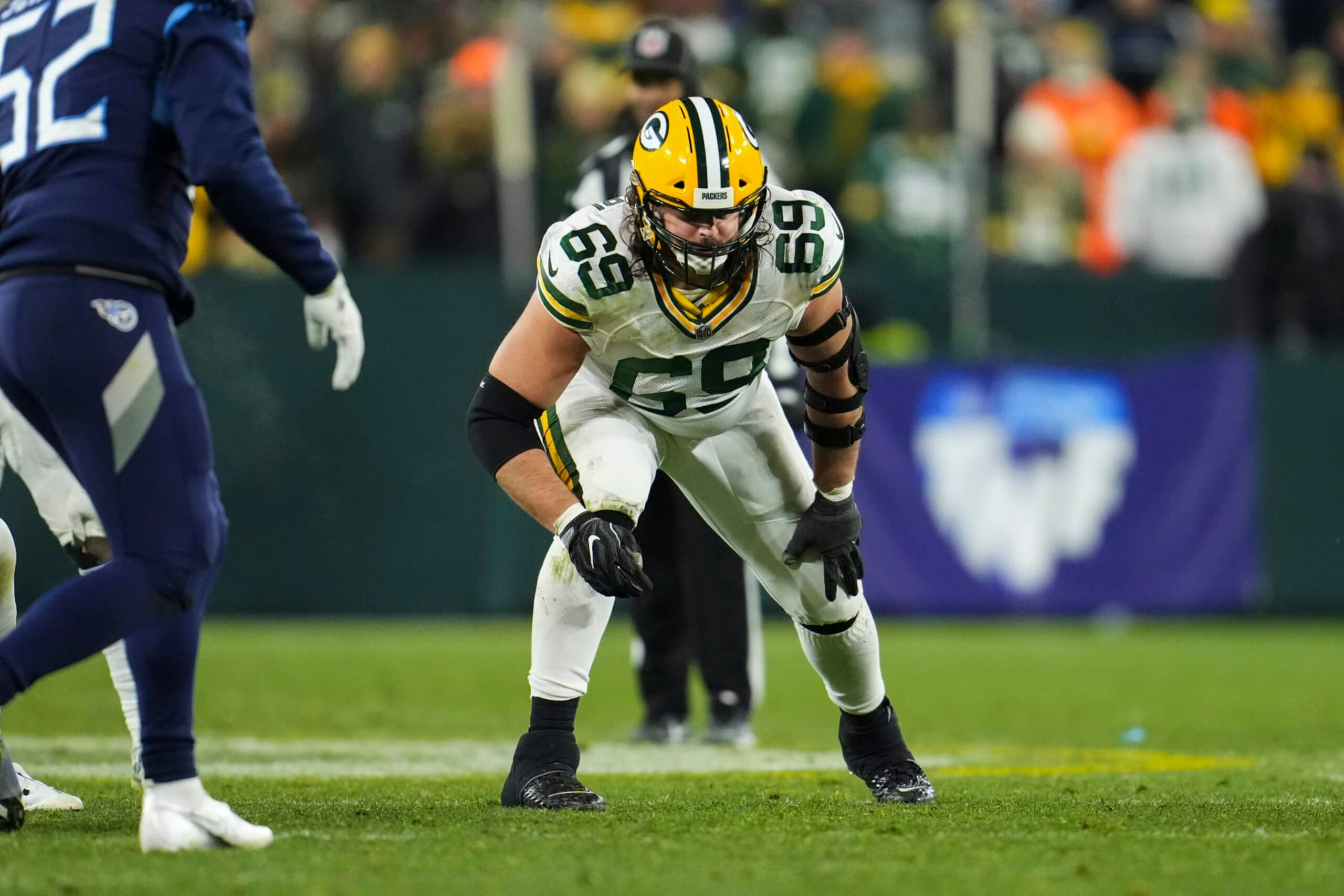 GREEN BAY, WI - NOVEMBER 17: David Bakhtiari #69 of the Green Bay Packers gets set against the Tennessee Titans at Lambeau on November 17, 2022 in Green Bay, Wisconsin. (Photo by Cooper Neill/Getty Images)