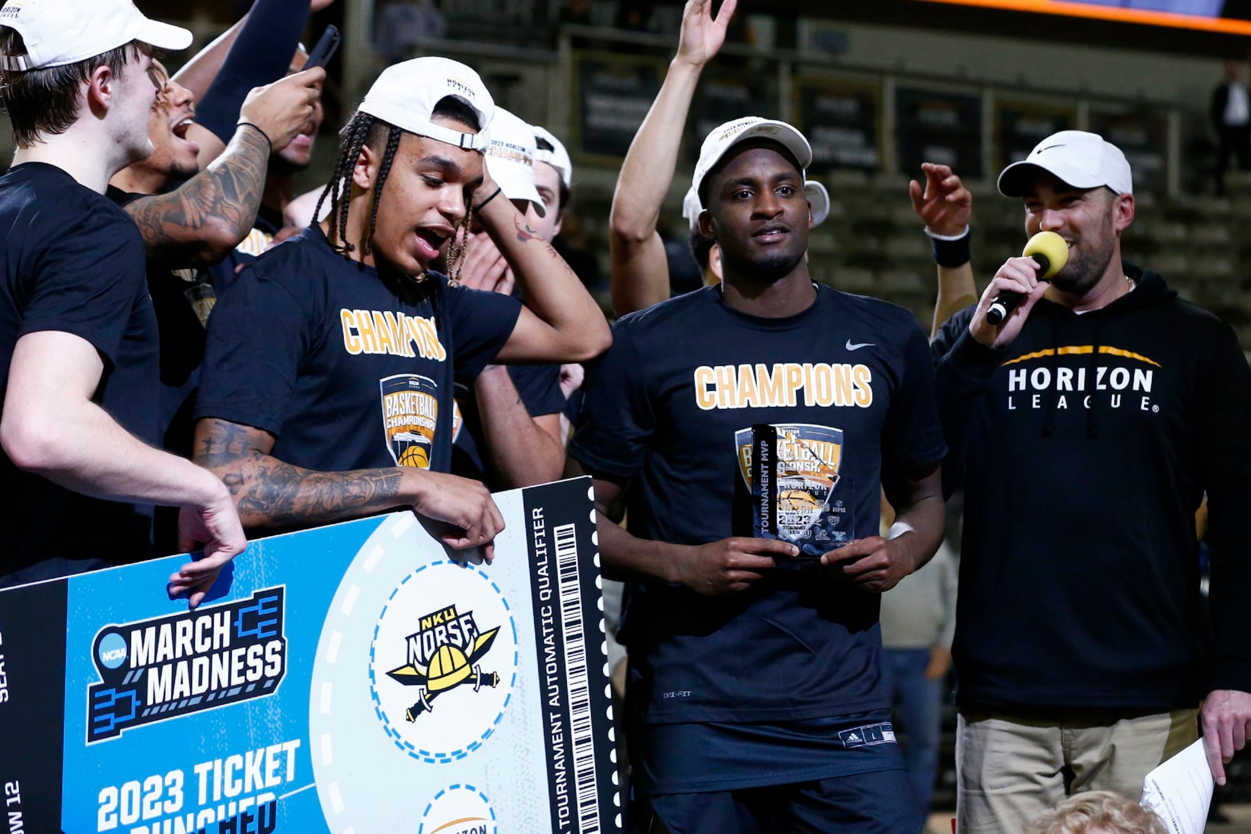 INDIANAPOLIS, IN - MARCH 07: Northern Kentucky Norse guard Marques Warrick (3) wins MVP at the mens  Horizon League Tournament Championship basketball game between the Cleveland State Vikings and the Northern Kentucky Norse on March 07, 2023 at Indiana Farmers Coliseum in Indianapolis, IN.  (Photo by Jeffrey Brown/Icon Sportswire via Getty Images)