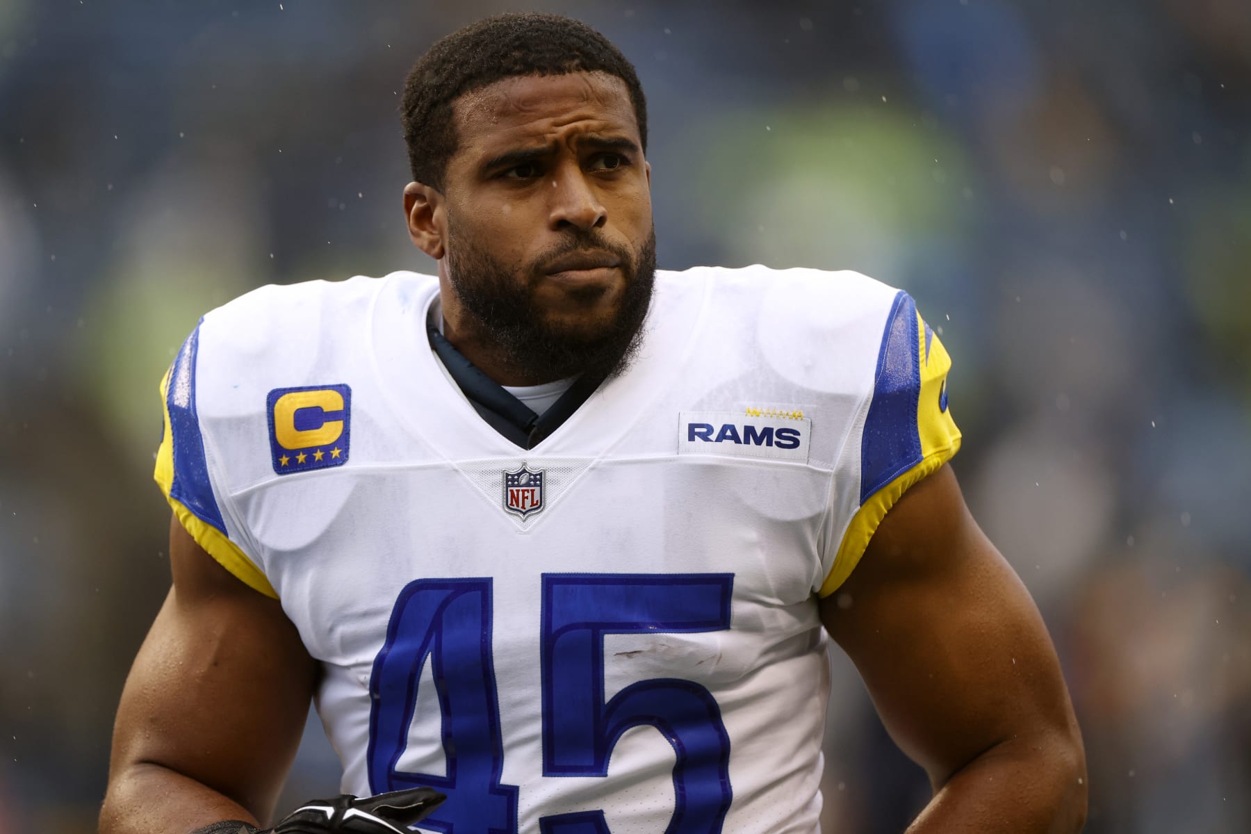 SEATTLE, WASHINGTON - JANUARY 08: Bobby Wagner #45 of the Los Angeles Rams looks on prior to the game against the Seattle Seahawks at Lumen Field on January 08, 2023 in Seattle, Washington. (Photo by Steph Chambers/Getty Images)