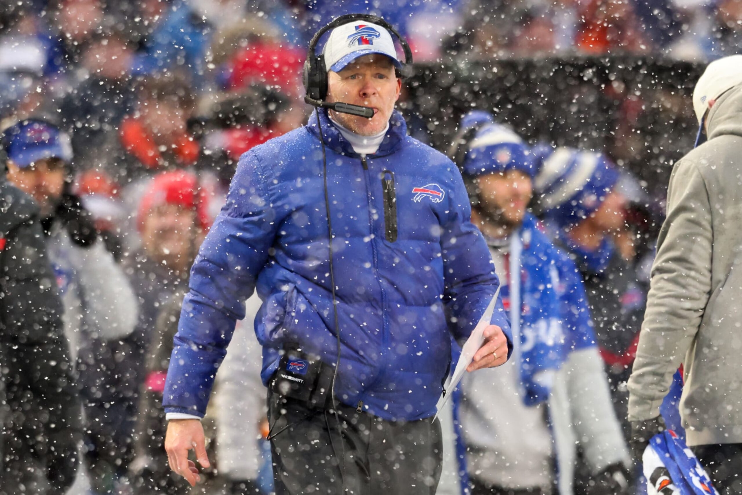 ORCHARD PARK, NEW YORK - JANUARY 22: Head coach Sean McDermott of the Buffalo Bills looks on from the sidelines against the Cincinnati Bengals during the second quarter in the AFC Divisional Playoff game at Highmark Stadium on January 22, 2023 in Orchard Park, New York. (Photo by Bryan M. Bennett/Getty Images)