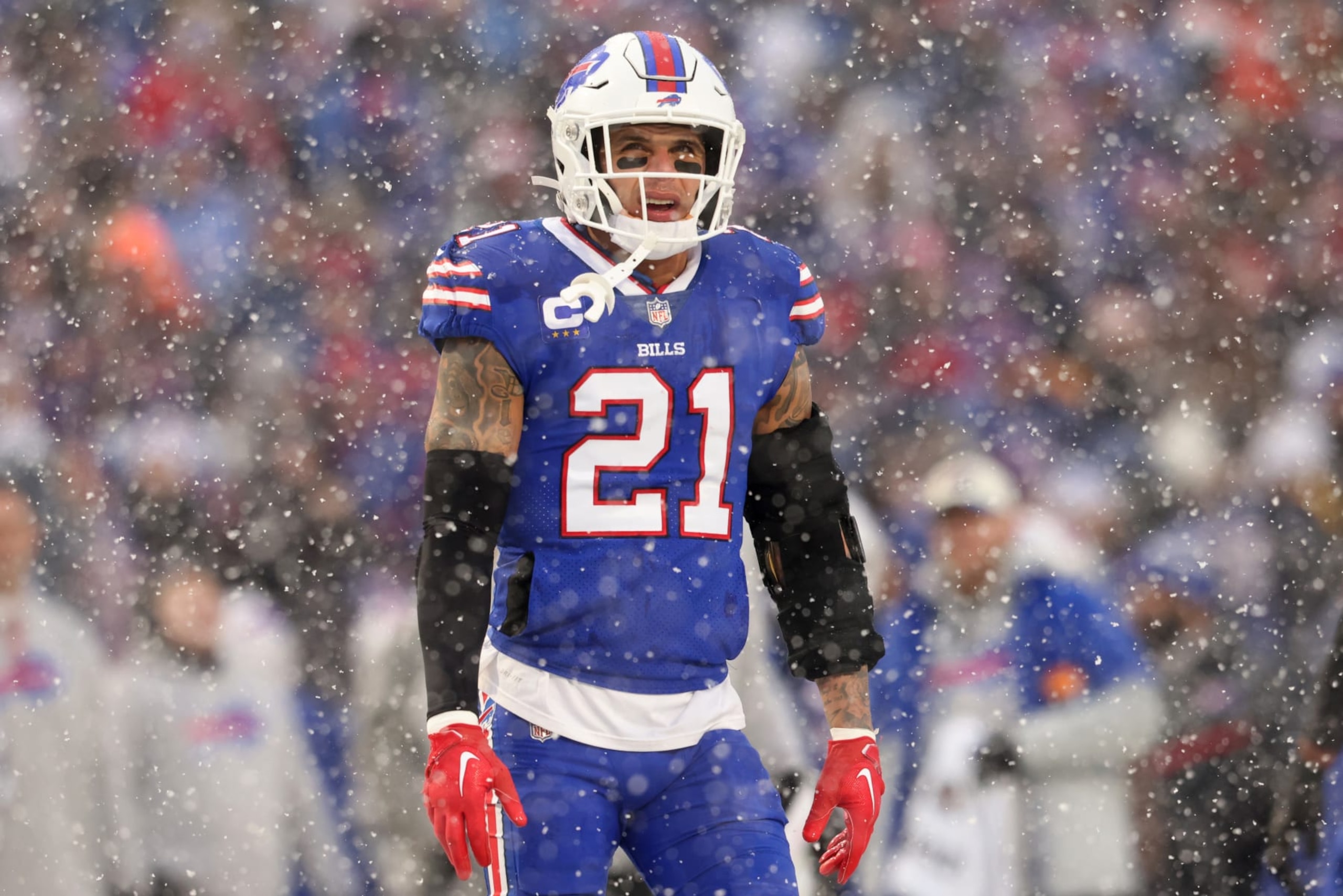 ORCHARD PARK, NEW YORK - JANUARY 22: Jordan Poyer #21 of the Buffalo Bills looks on against the Cincinnati Bengals during the first half in the AFC Divisional Playoff game at Highmark Stadium on January 22, 2023 in Orchard Park, New York. (Photo by Bryan M. Bennett/Getty Images)