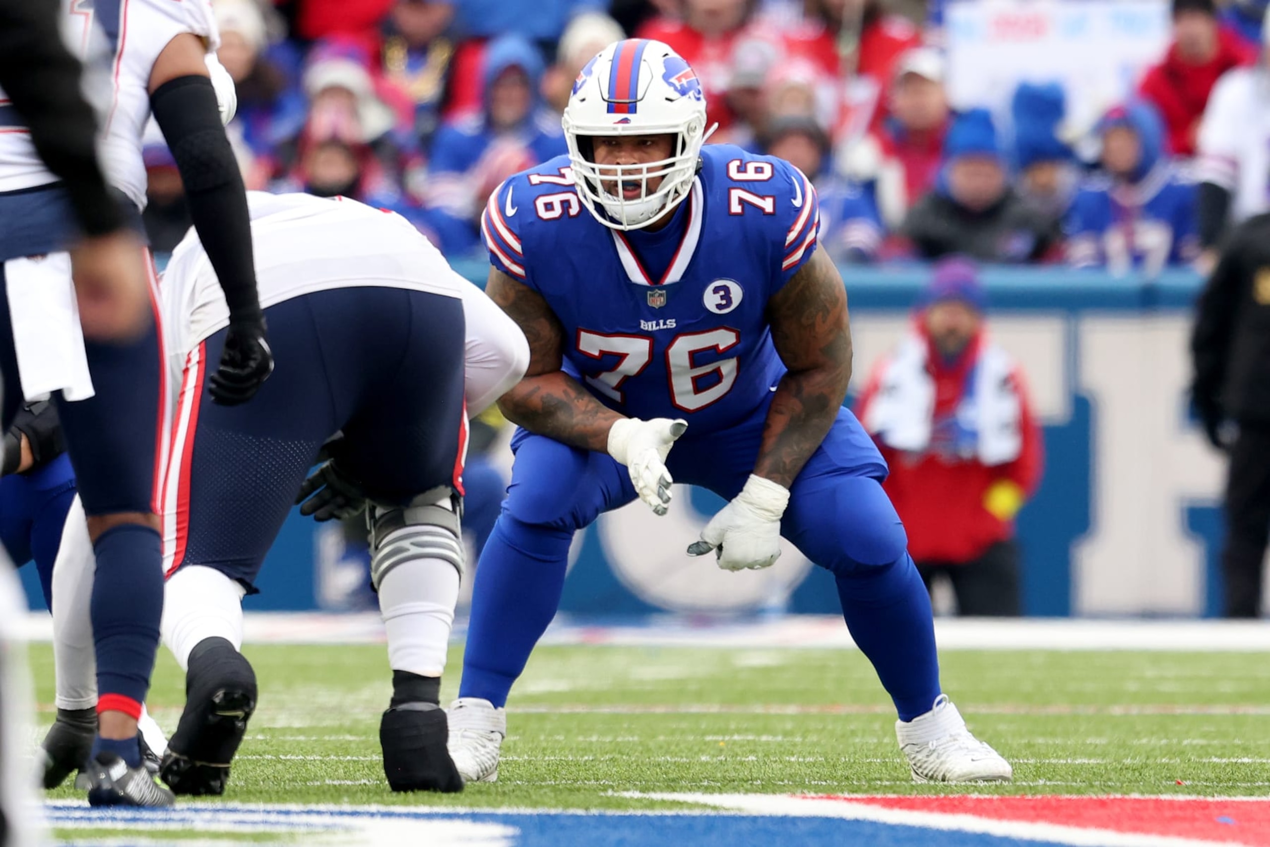 ORCHARD PARK, NEW YORK - JANUARY 08: Rodger Saffold #76 of the Buffalo Bills lines up during the second quarter against the New England Patriots at Highmark Stadium on January 08, 2023 in Orchard Park, New York. (Photo by Bryan Bennett/Getty Images)