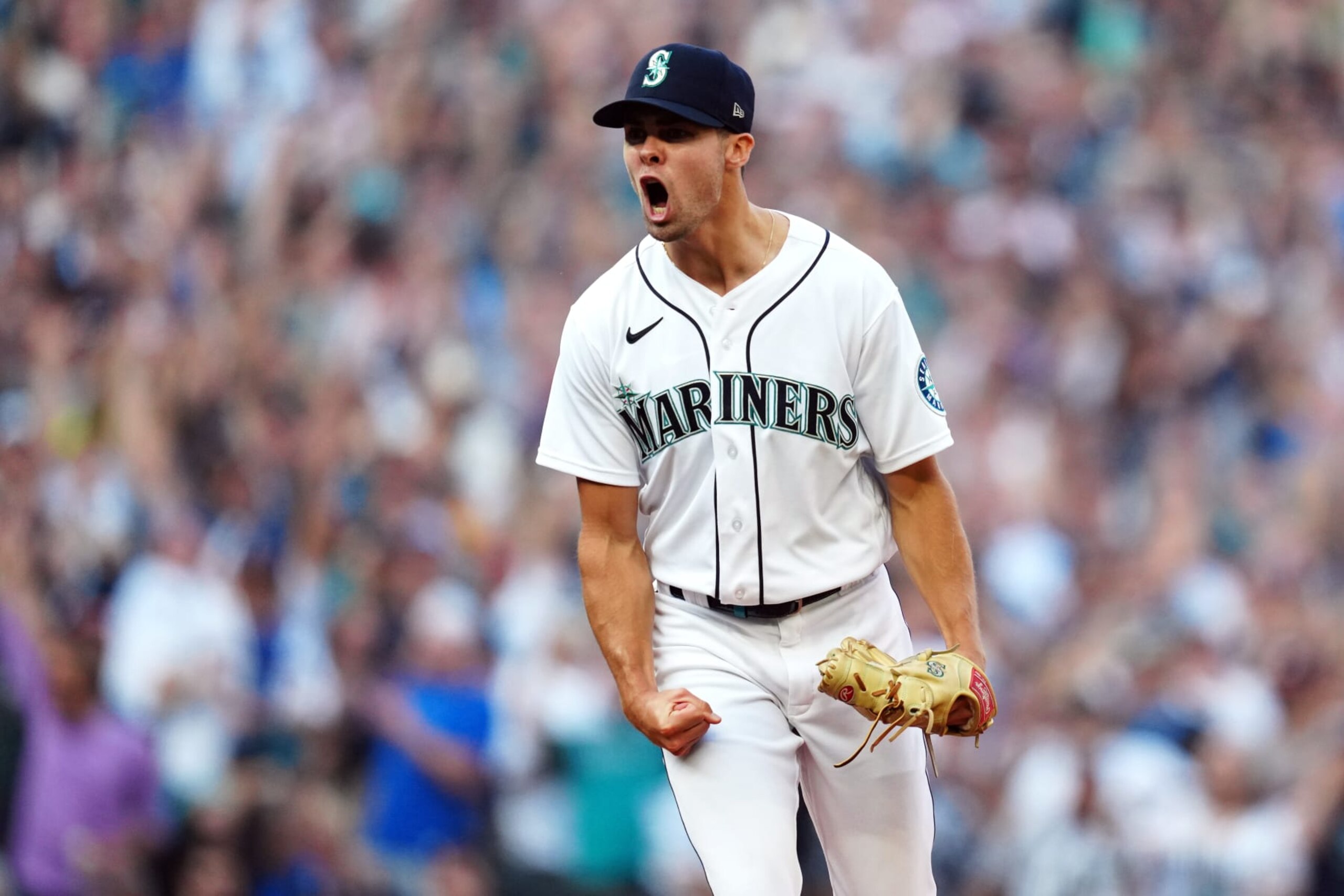 SEATTLE, WA - OCTOBER 15:  Matt Brash #47 of the Seattle Mariners reacts in the ninth inning during the game between the Houston Astros and the Seattle Mariners at T-Mobile Park on Saturday, October 15, 2022 in Seattle, Washington. (Photo by Daniel Shirey/MLB Photos via Getty Images)