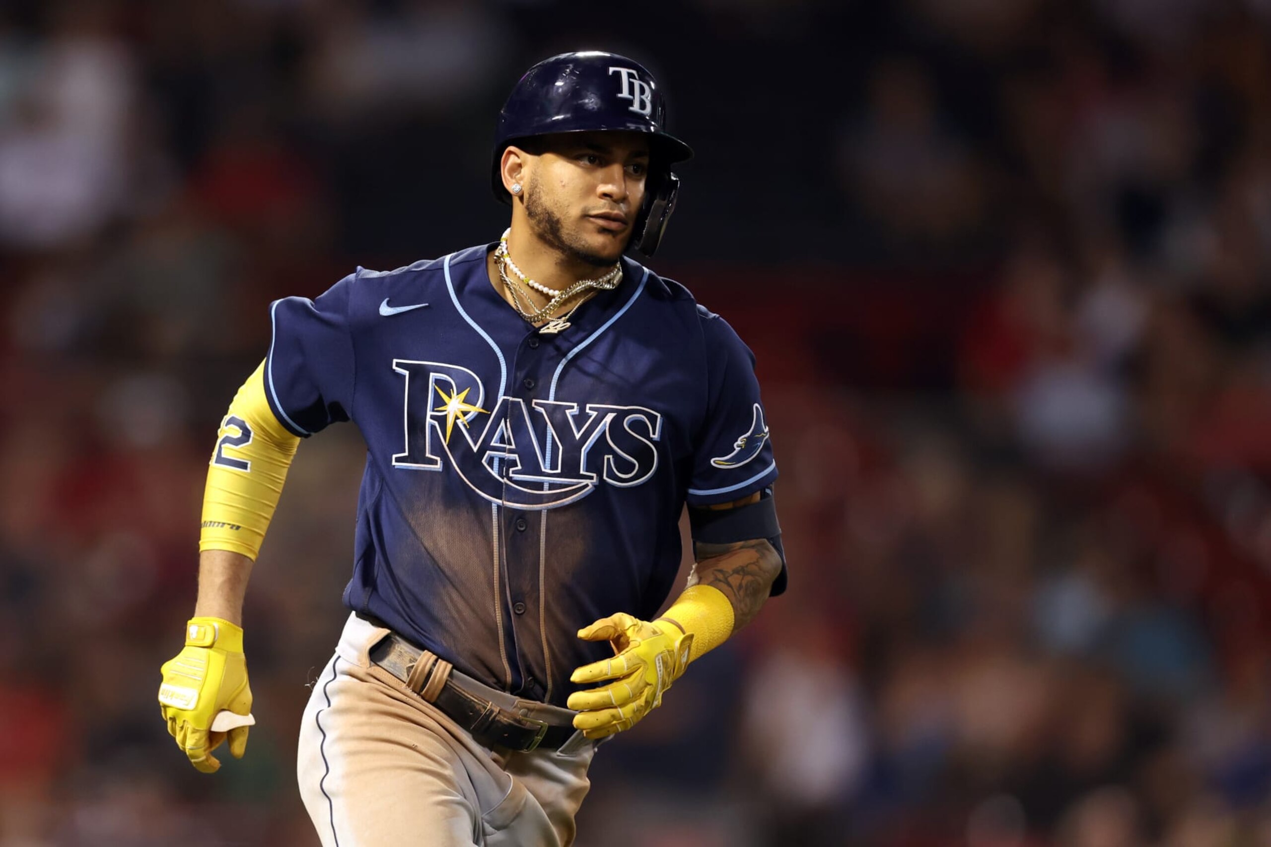 BOSTON, MASSACHUSETTS - AUGUST 26: Jose Siri #22 of the Tampa Bay Rays runs to first base during the eighth inning against the Boston Red Sox at Fenway Park on August 26, 2022 in Boston, Massachusetts. (Photo by Maddie Meyer/Getty Images)