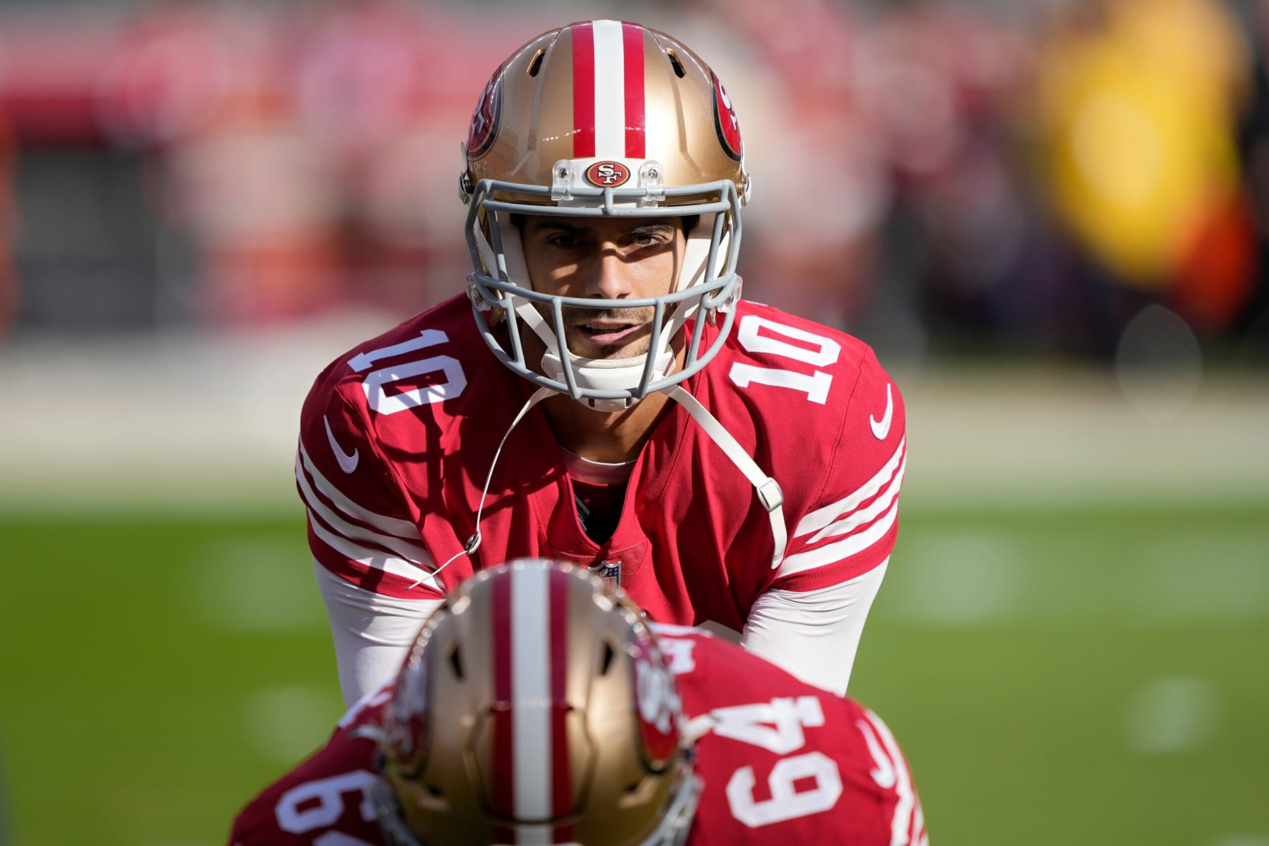 SANTA CLARA, CALIFORNIA - NOVEMBER 27: Jimmy Garoppolo #10 of the San Francisco 49ers warms up prior to the game against the New Orleans Saints at Levi's Stadium on November 27, 2022 in Santa Clara, California. (Photo by Thearon W. Henderson/Getty Images) SANTA CLARA, CALIFORNIA - NOVEMBER 27: Jimmy Garoppolo #10 of the San Francisco 49ers warms up prior to the game against the New Orleans Saints at Levi's Stadium on November 27, 2022 in Santa Clara, California. (Photo by Thearon W. Henderson/Getty Images)