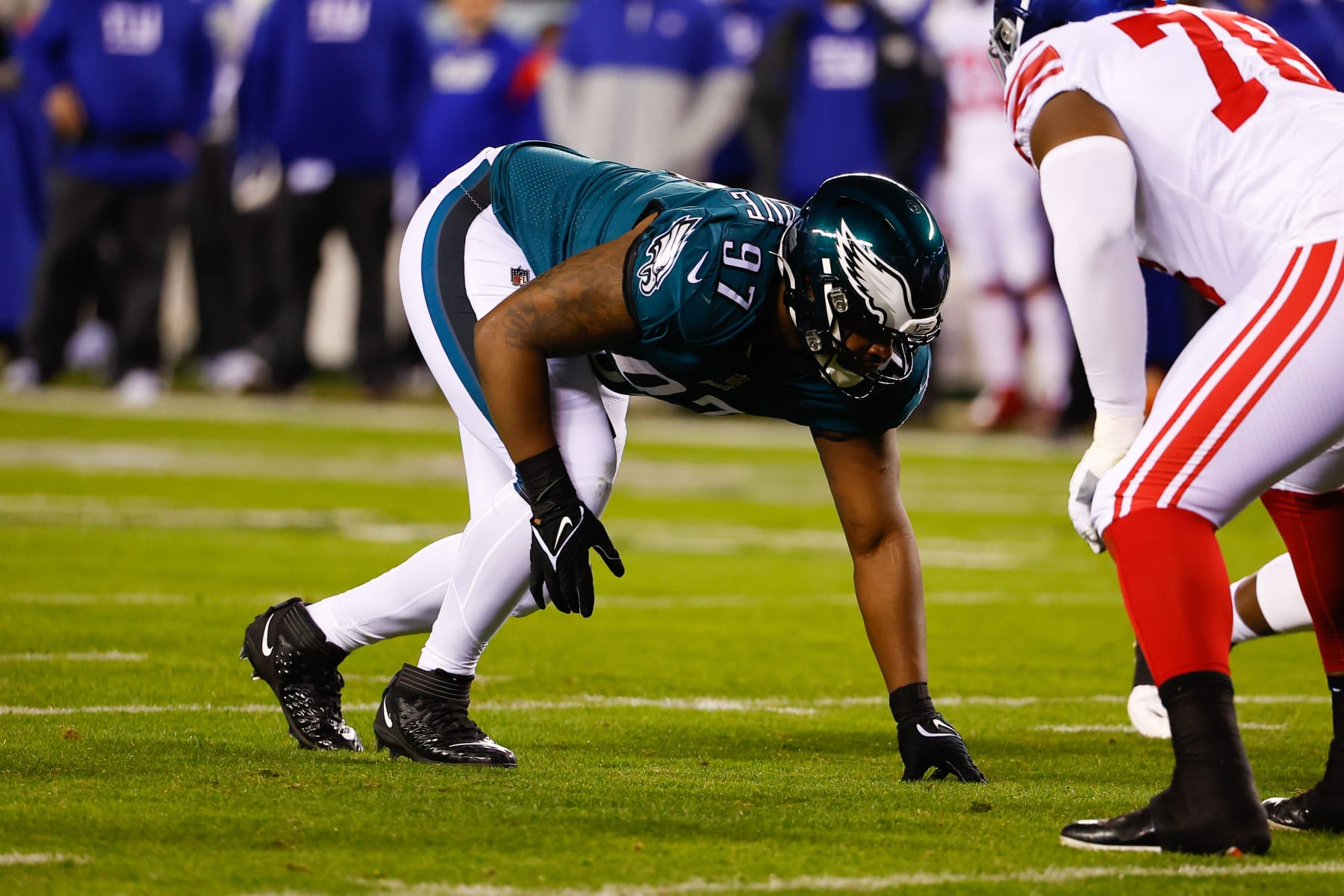 PHILADELPHIA, PA - JANUARY 21:  Philadelphia Eagles defensive tackle Javon Hargrave (97) during the NFC Divisional playoff game between the Philadelphia Eagles and the New York Giants on January 21, 2023 at Lincoln Financial Field in Philadelphia, Pennsylvania.  (Photo by Rich Graessle/Icon Sportswire via Getty Images)