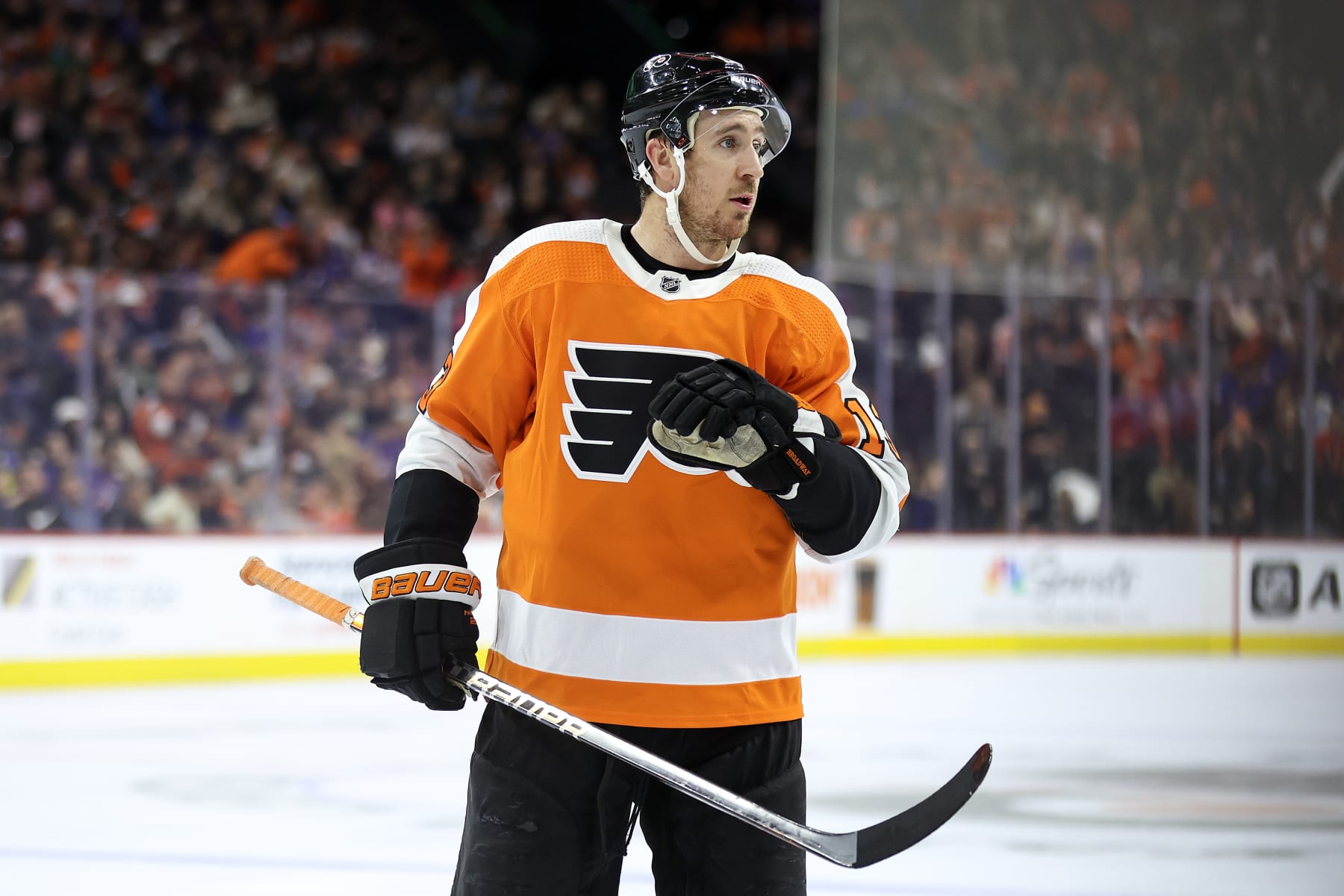 PHILADELPHIA, PENNSYLVANIA - MARCH 01: Kevin Hayes #13 of the Philadelphia Flyers looks on against the New York Rangers at Wells Fargo Center on March 01, 2023 in Philadelphia, Pennsylvania. (Photo by Tim Nwachukwu/Getty Images)
