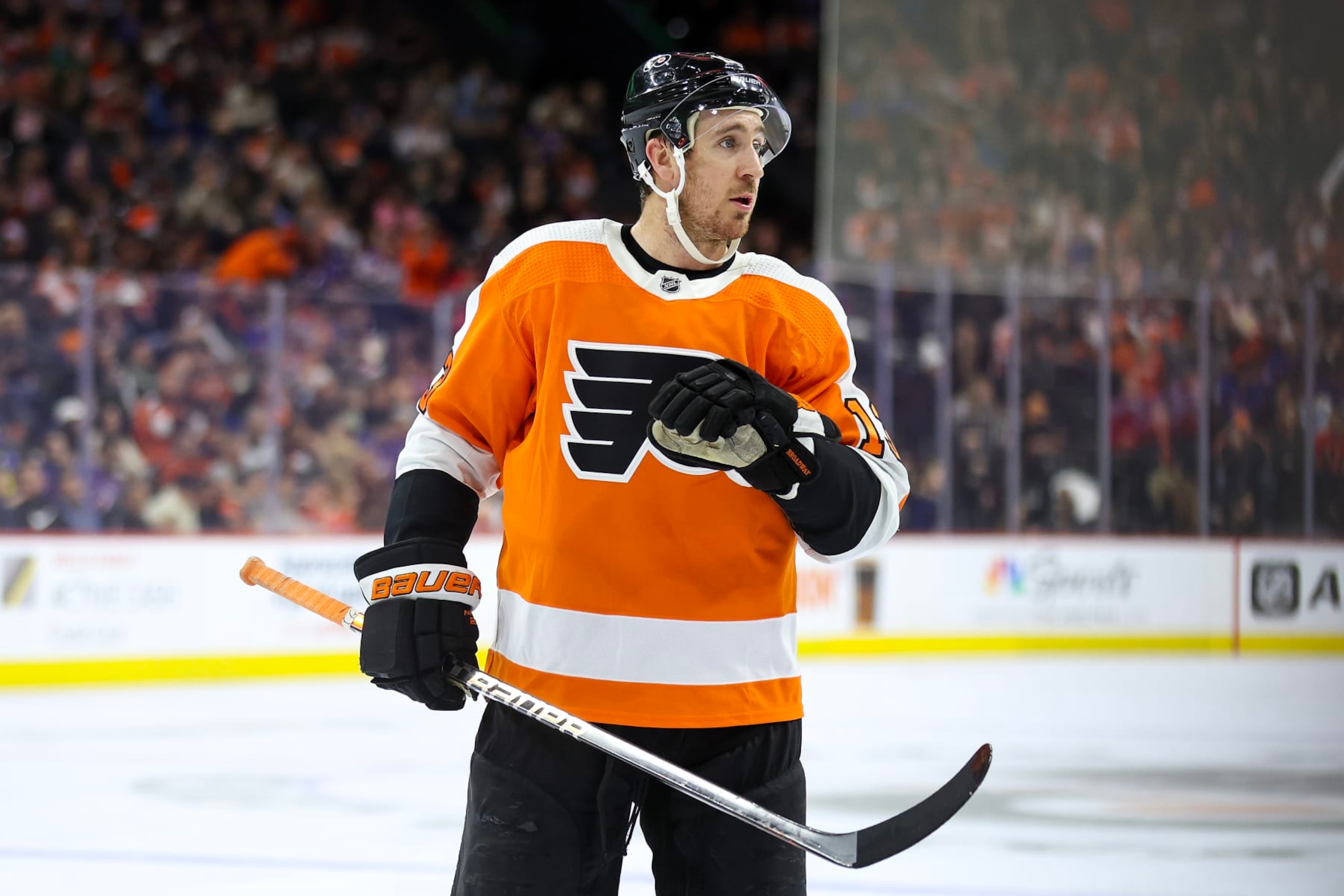 PHILADELPHIA, PENNSYLVANIA - MARCH 01: Kevin Hayes #13 of the Philadelphia Flyers looks on against the New York Rangers at Wells Fargo Center on March 01, 2023 in Philadelphia, Pennsylvania. (Photo by Tim Nwachukwu/Getty Images)