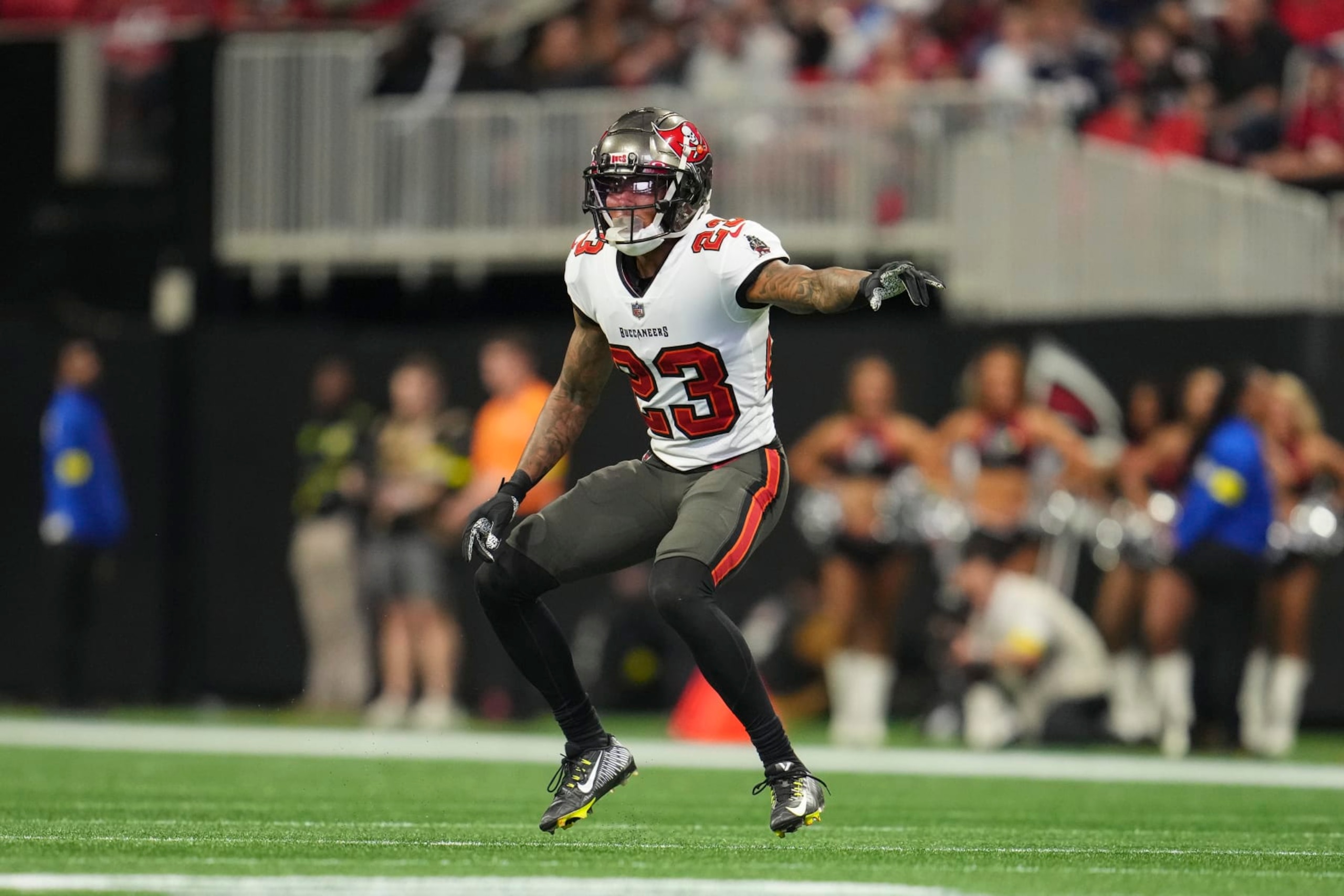 ATLANTA, GA - JANUARY 08: Sean Murphy-Bunting #23 of the Tampa Bay Buccaneers defends against the Atlanta Falcons at Mercedes-Benz Stadium on January 8, 2023 in Atlanta, Georgia. (Photo by Cooper Neill/Getty Images)