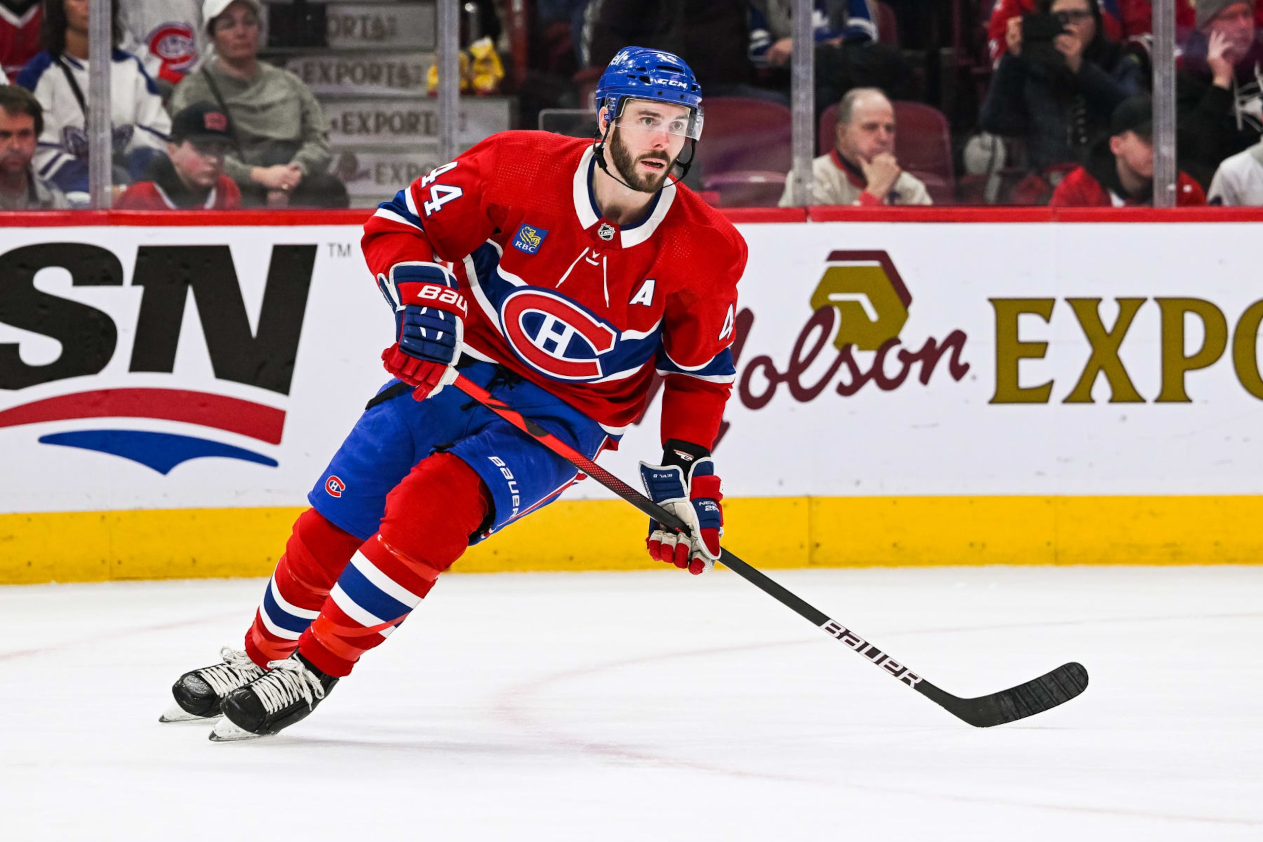 MONTREAL, QC - JANUARY 21: Montreal Canadiens defenseman Joel Edmundson (44) tracks the play during the Toronto Maple Leafs versus the Montreal Canadiens game on January 21, 2023, at Bell Centre in Montreal, QC (Photo by David Kirouac/Icon Sportswire via Getty Images)