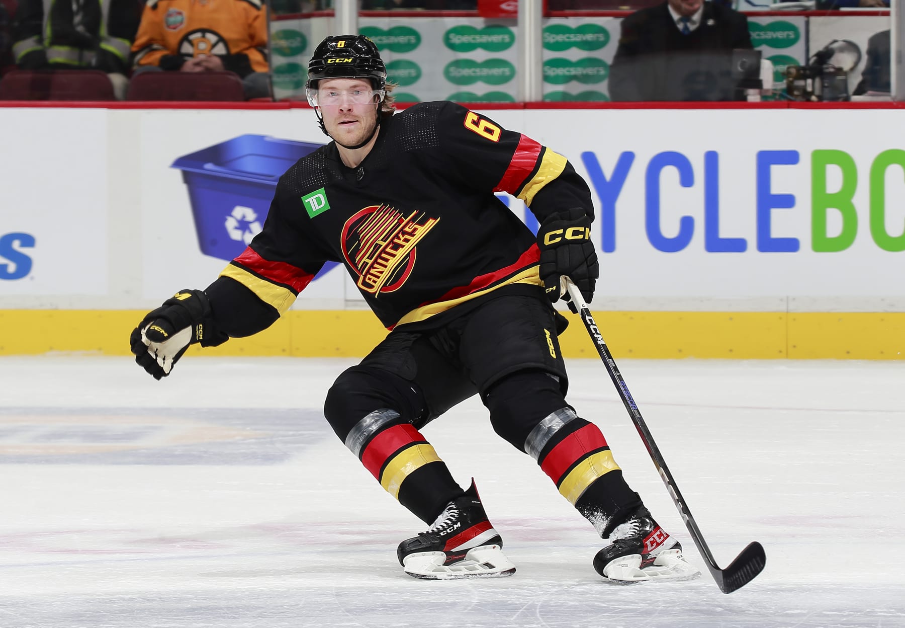 VANCOUVER, CANADA - FEBRUARY 25: Brock Boeser #6 of the Vancouver Canucks skates up ice during their NHL game against the Boston Bruins at Rogers Arena February 25, 2023 in Vancouver, British Columbia, Canada.  (Photo by Jeff Vinnick/NHLI via Getty Images)