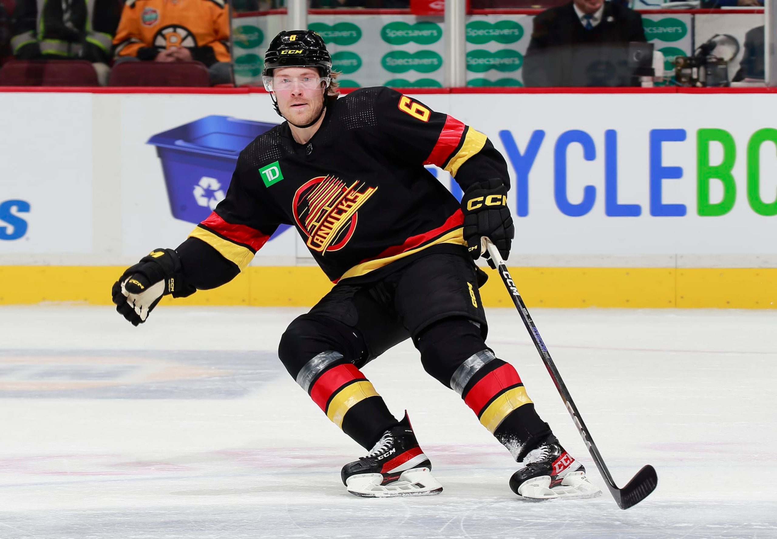 VANCOUVER, CANADA - FEBRUARY 25: Brock Boeser #6 of the Vancouver Canucks skates up ice during their NHL game against the Boston Bruins at Rogers Arena February 25, 2023 in Vancouver, British Columbia, Canada.  (Photo by Jeff Vinnick/NHLI via Getty Images)