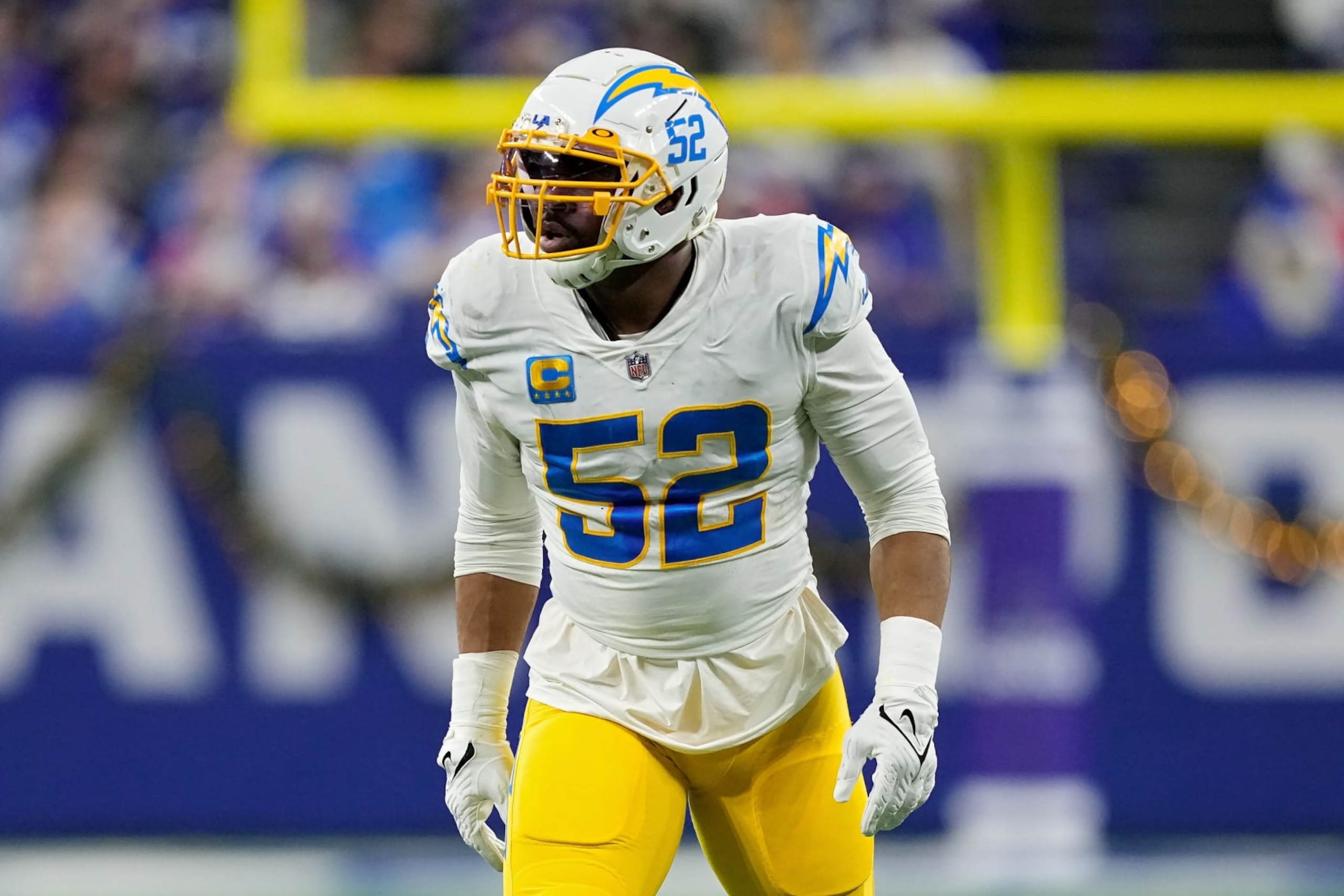 INDIANAPOLIS, INDIANA - DECEMBER 26: Khalil Mack #52 of the Los Angeles Chargers lines up for a play in the third quarter against the Indianapolis Colts at Lucas Oil Stadium on December 26, 2022 in Indianapolis, Indiana. (Photo by Dylan Buell/Getty Images)