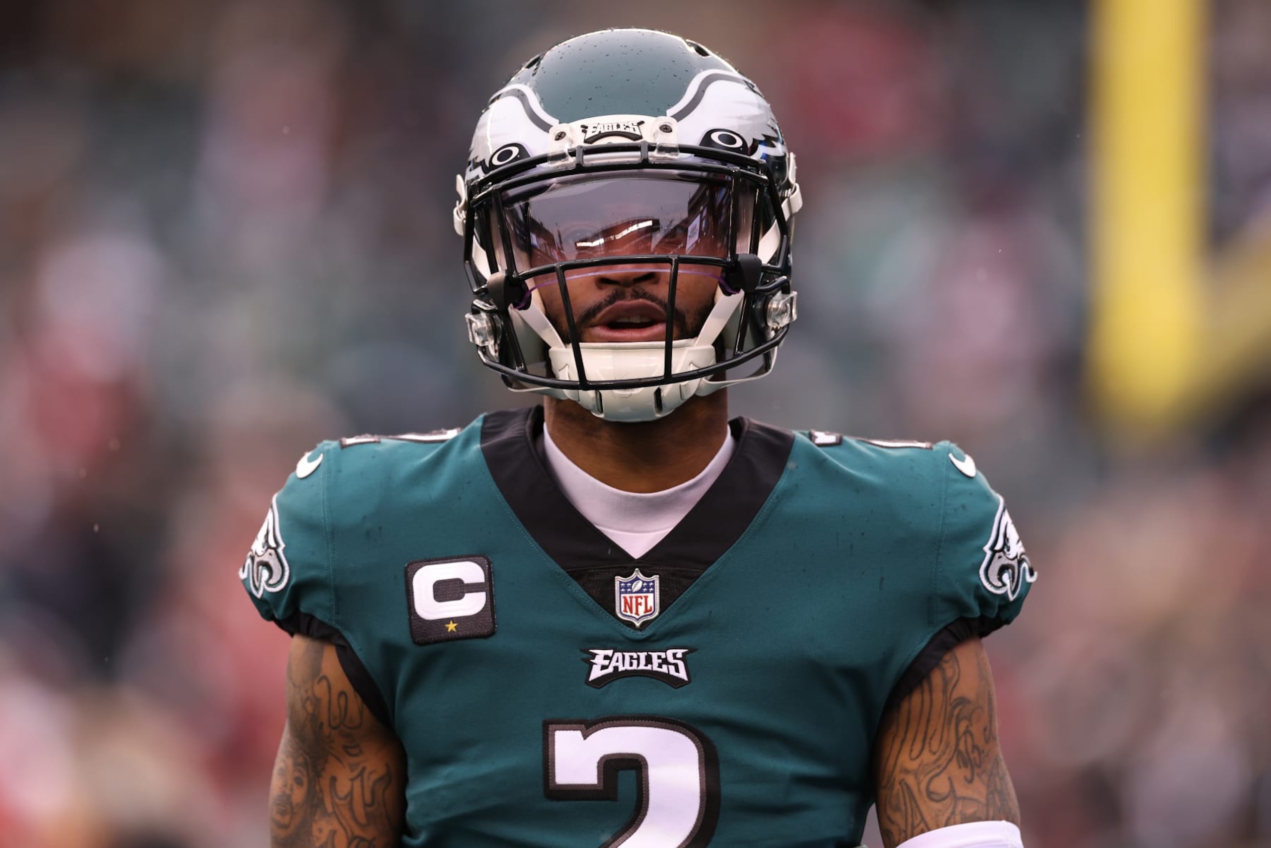 PHILADELPHIA, PENNSYLVANIA - JANUARY 29: Darius Slay #2 of the Philadelphia Eagles reacts prior to the NFC Championship Game against the San Francisco 49ers at Lincoln Financial Field on January 29, 2023 in Philadelphia, Pennsylvania. (Photo by Tim Nwachukwu/Getty Images)