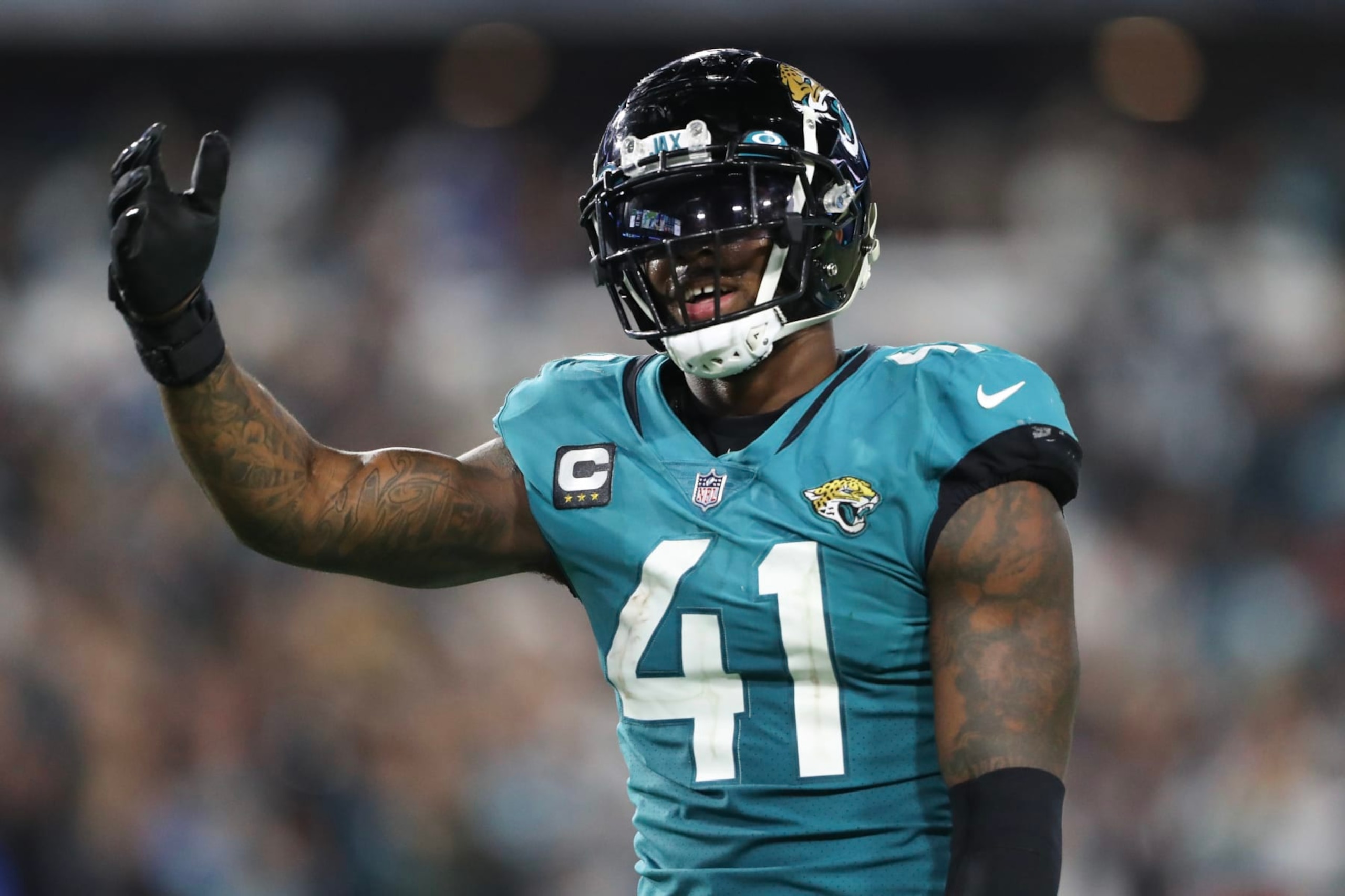 JACKSONVILLE, FLORIDA - JANUARY 07: Josh Allen #41 of the Jacksonville Jaguars in action during the second half against the Tennessee Titans at TIAA Bank Field on January 07, 2023 in Jacksonville, Florida. (Photo by Courtney Culbreath/Getty Images)