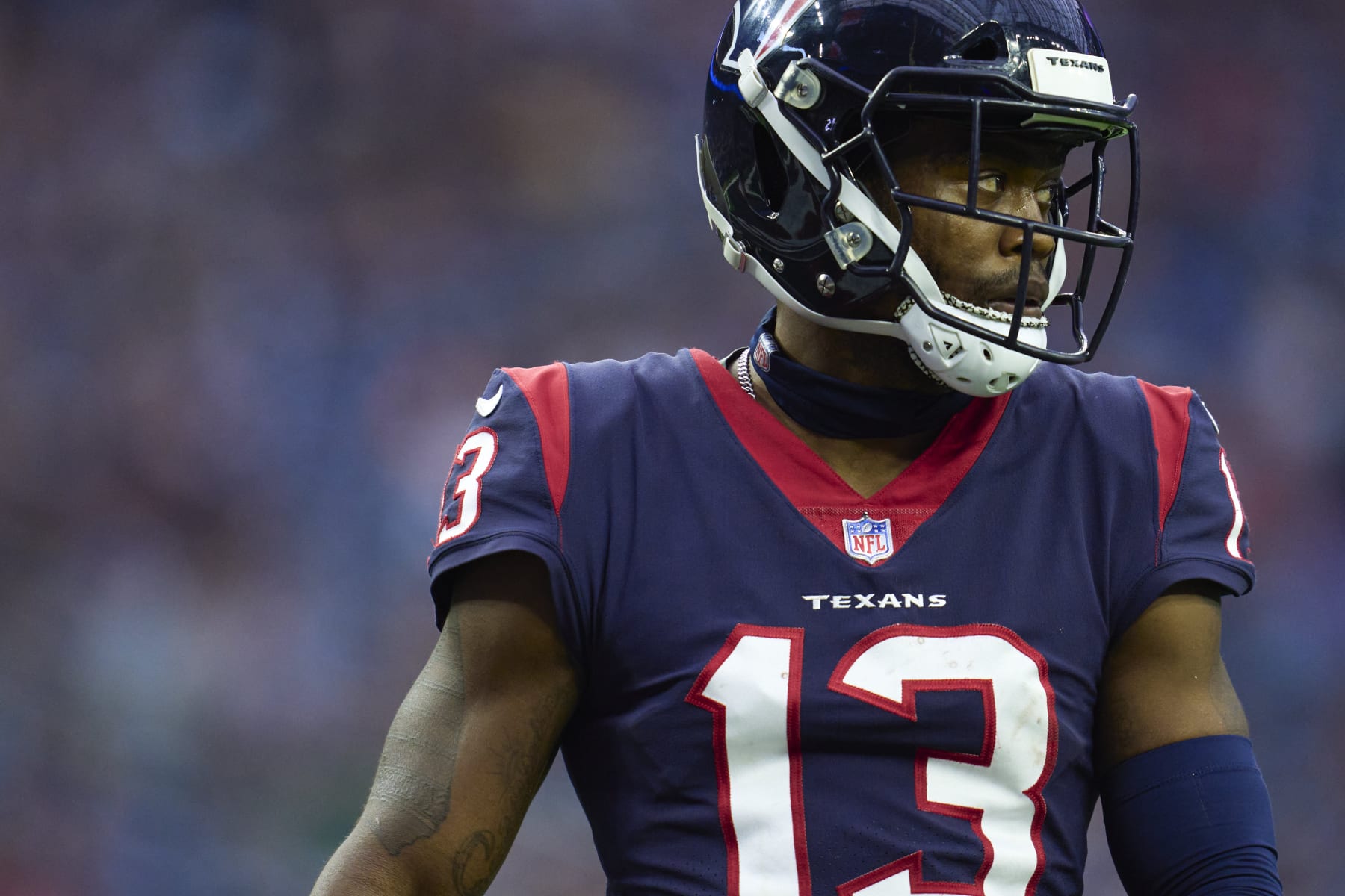 HOUSTON, TX - JANUARY 01: Brandin Cooks #13 of the Houston Texans walks towards the huddle against the Jacksonville Jaguars during the second half at NRG Stadium on January 1, 2023 in Houston, Texas. (Photo by Cooper Neill/Getty Images)