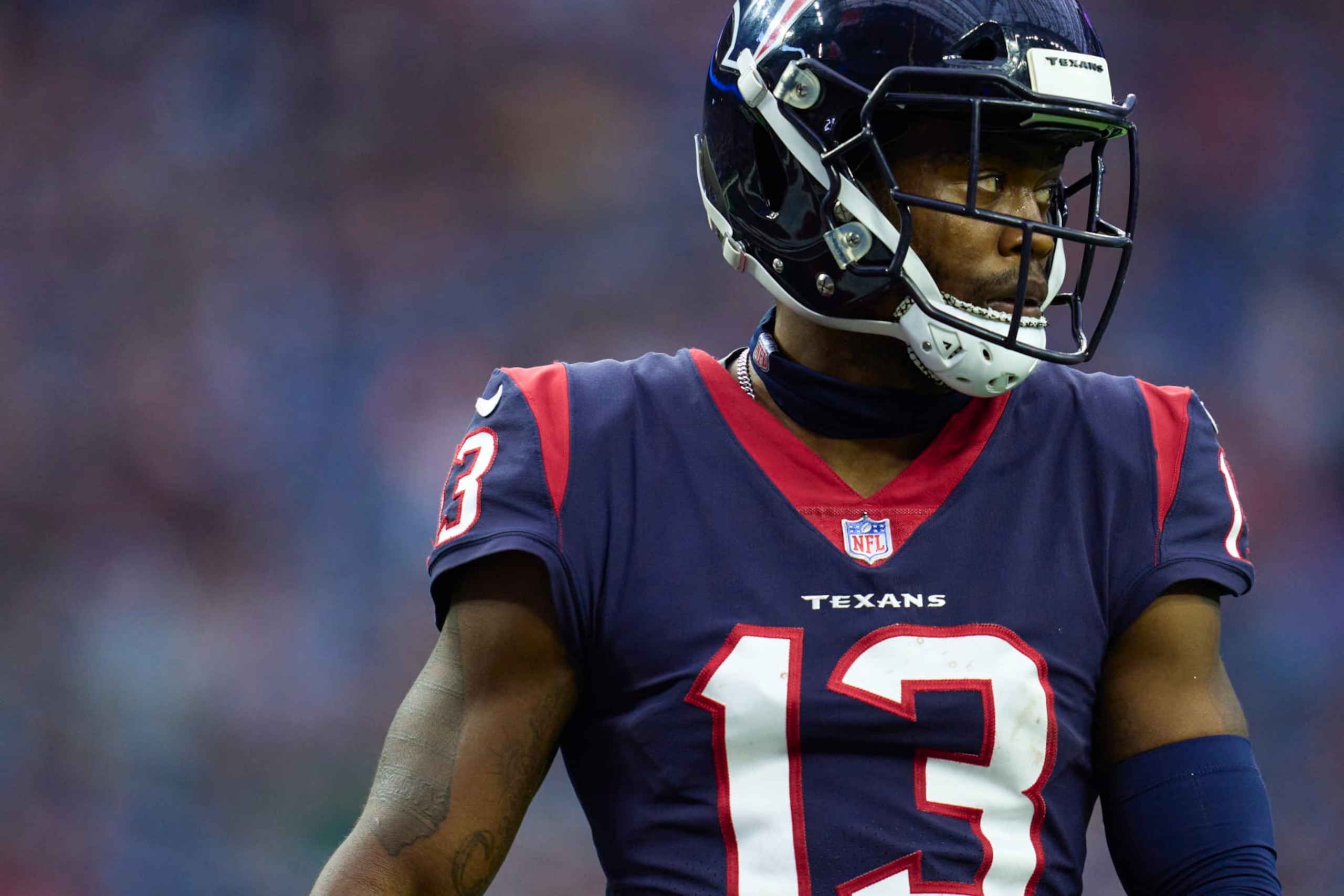 HOUSTON, TX - JANUARY 01: Brandin Cooks #13 of the Houston Texans walks towards the huddle against the Jacksonville Jaguars during the second half at NRG Stadium on January 1, 2023 in Houston, Texas. (Photo by Cooper Neill/Getty Images)