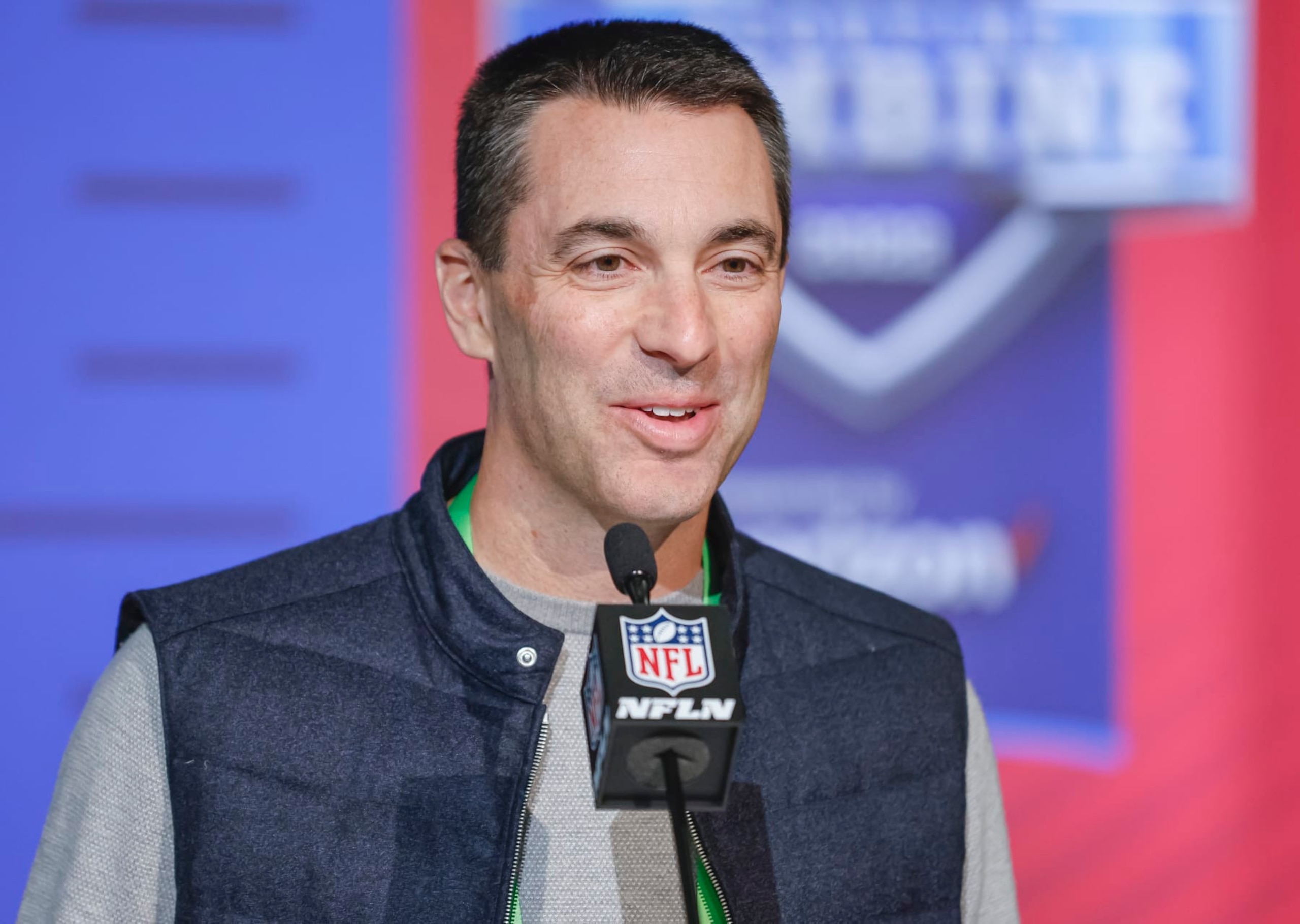 INDIANAPOLIS, IN - MAR 01: Tom Telesco, general manager of the Los Angeles Chargers speaks to reporters during the NFL Draft Combine at the Indiana Convention Center on March 1, 2022 in Indianapolis, Indiana. (Photo by Michael Hickey/Getty Images)