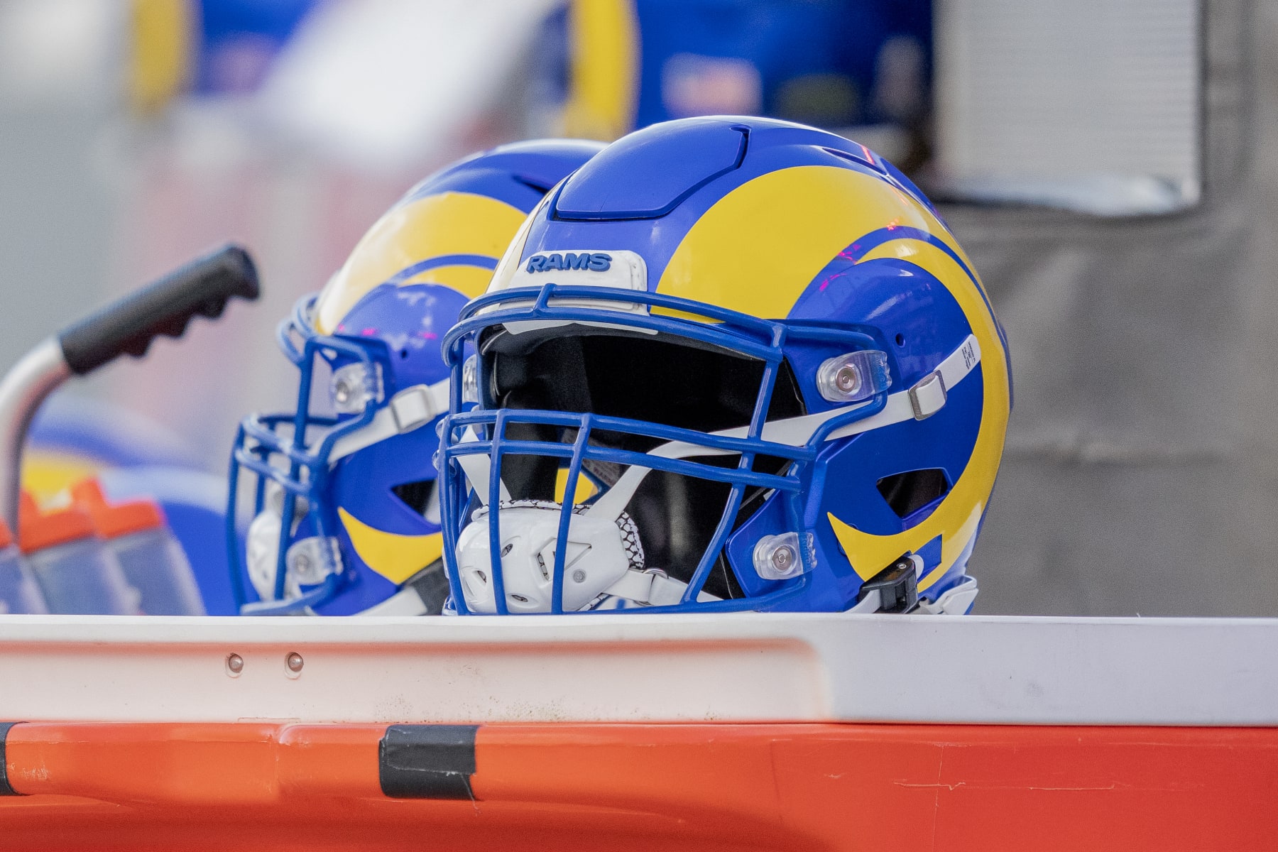 TAMPA, FL - NOVEMBER 6: Rams helmets placed on top of Gatorade dispenser during a game between Los Angeles Rams and Tampa Bay Buccaneers at Raymond J. Stadium on November 6, 2022 in Tampa, Florida. (Photo by Jason Allen/ISI Photos/Getty Images)