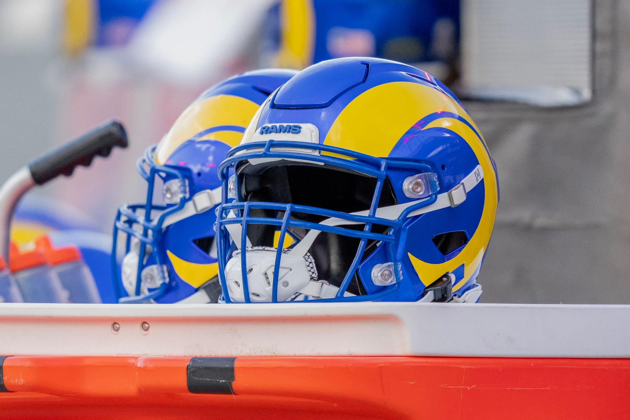 TAMPA, FL - NOVEMBER 6: Rams helmets placed on top of Gatorade dispenser during a game between Los Angeles Rams and Tampa Bay Buccaneers at Raymond J. Stadium on November 6, 2022 in Tampa, Florida. (Photo by Jason Allen/ISI Photos/Getty Images)