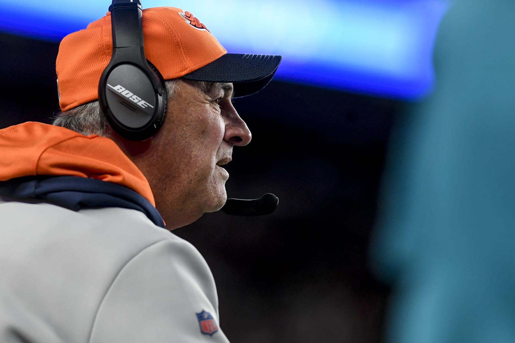 DENVER, CO - JANUARY 8: Head coach Vic Fangio of the Denver Broncos operates the headset during the fourth quarter of Kansas City"u2019s 28-24 win at Empower Field at Mile High on Saturday, January 8, 2021. (Photo by AAron Ontiveroz/MediaNews Group/The Denver Post via Getty Images)