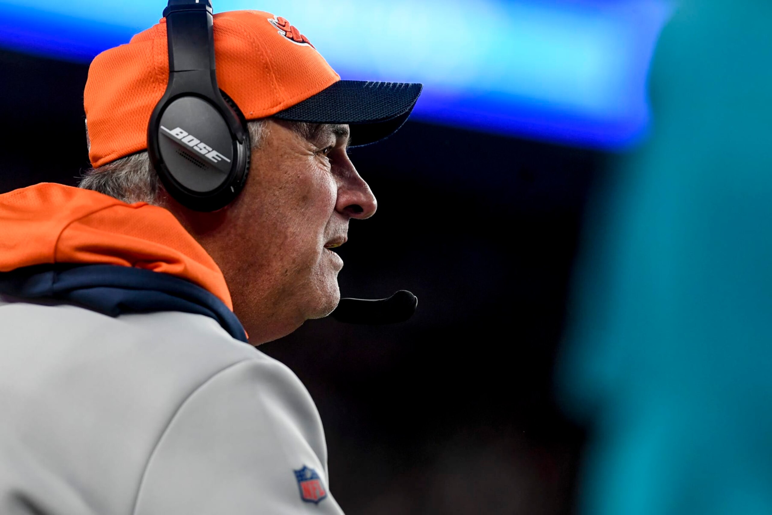 DENVER, CO - JANUARY 8: Head coach Vic Fangio of the Denver Broncos operates the headset during the fourth quarter of Kansas City"u2019s 28-24 win at Empower Field at Mile High on Saturday, January 8, 2021. (Photo by AAron Ontiveroz/MediaNews Group/The Denver Post via Getty Images)