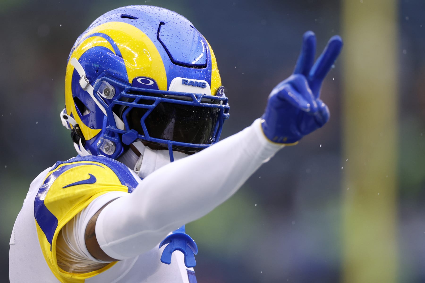 SEATTLE, WASHINGTON - JANUARY 08: Jalen Ramsey #5 of the Los Angeles Rams reacts on the field prior to the game against the Seattle Seahawks at Lumen Field on January 08, 2023 in Seattle, Washington. (Photo by Steph Chambers/Getty Images)