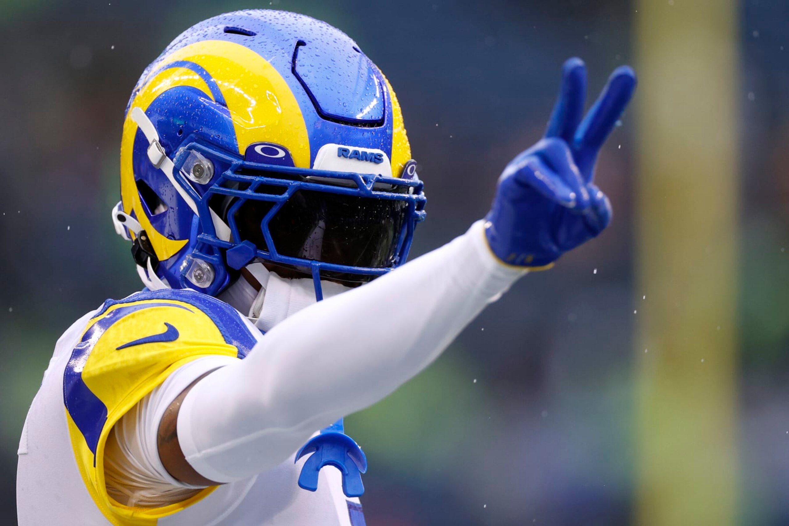SEATTLE, WASHINGTON - JANUARY 08: Jalen Ramsey #5 of the Los Angeles Rams reacts on the field prior to the game against the Seattle Seahawks at Lumen Field on January 08, 2023 in Seattle, Washington. (Photo by Steph Chambers/Getty Images)