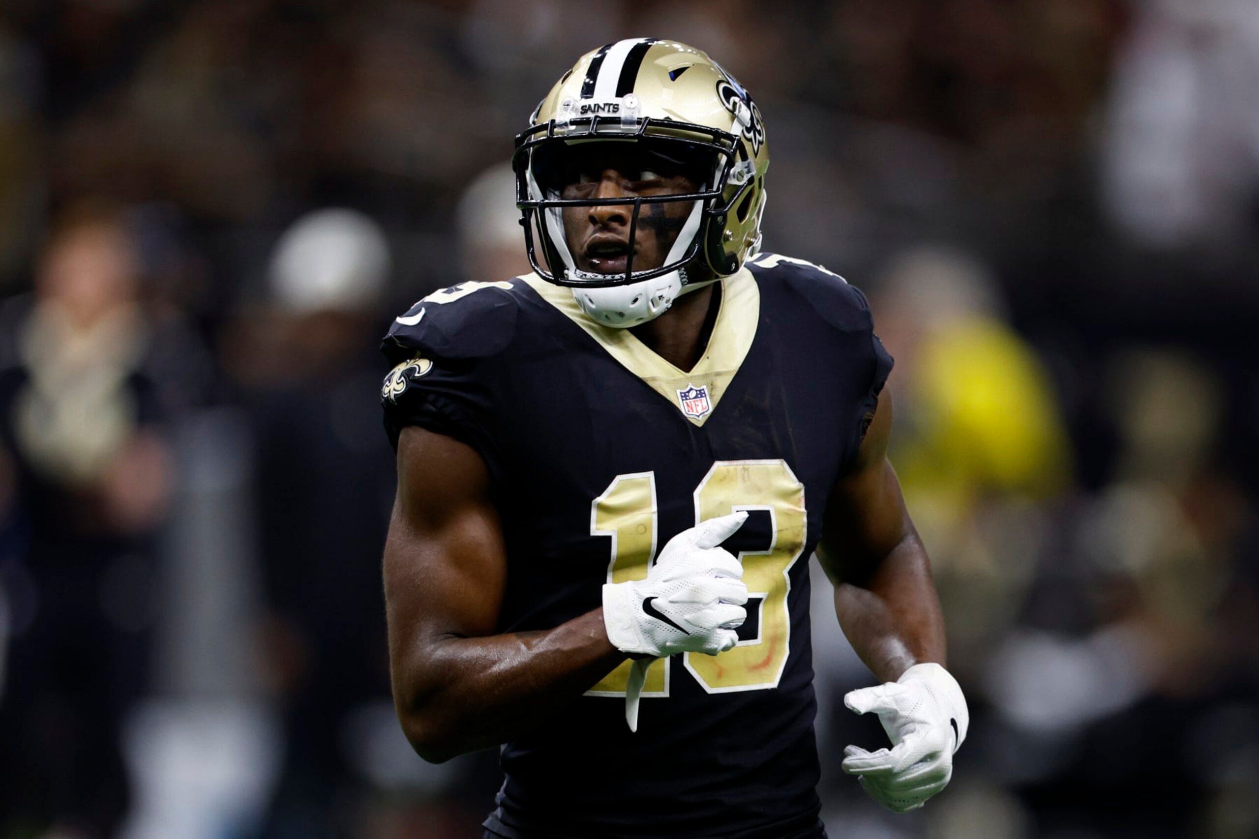 NEW ORLEANS, LOUISIANA - SEPTEMBER 18: Michael Thomas #13 of the New Orleans Saints in action against the Tampa Bay Buccaneers at Caesars Superdome on September 18, 2022 in New Orleans, Louisiana. (Photo by Chris Graythen/Getty Images)