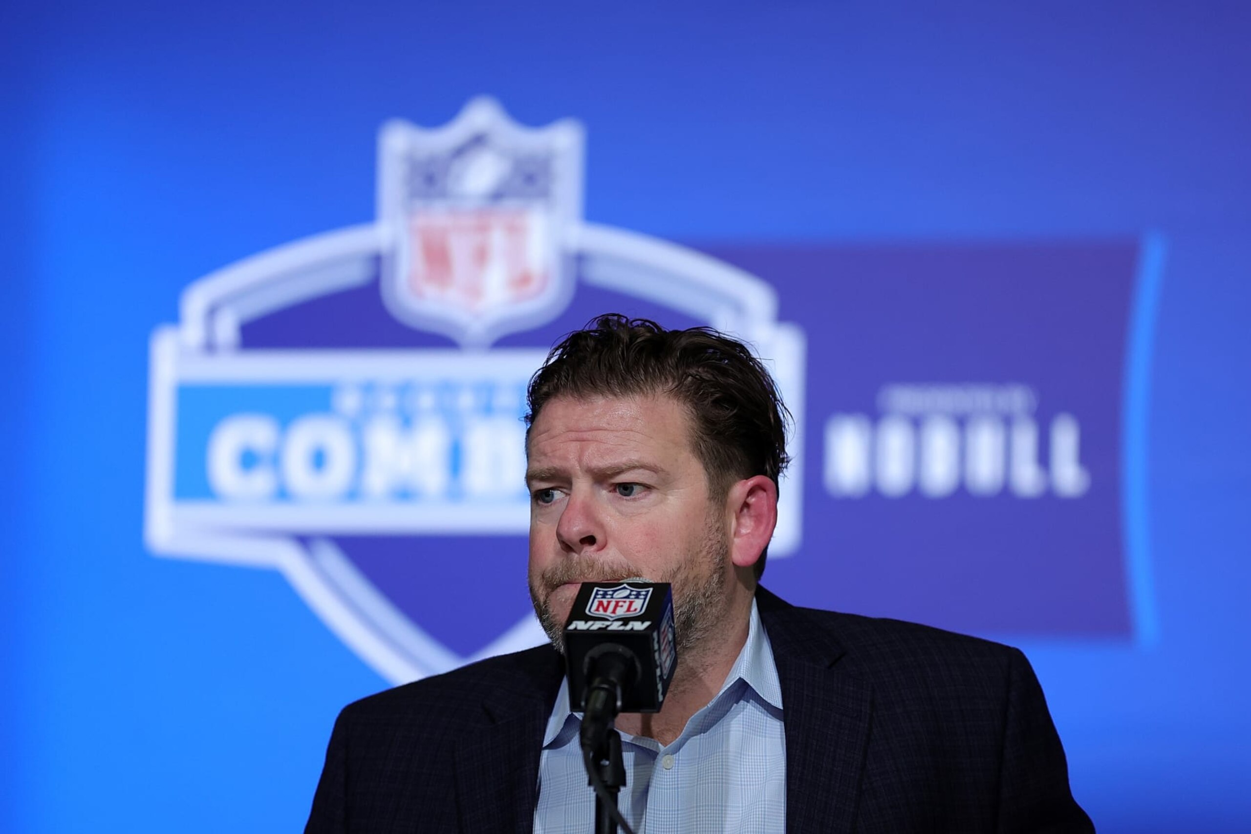 INDIANAPOLIS, INDIANA - FEBRUARY 28: General manager John Schneider of the Seattle Seahawks speaks to the media during the NFL Combine at the Indiana Convention Center on February 28, 2023 in Indianapolis, Indiana. (Photo by Stacy Revere/Getty Images)