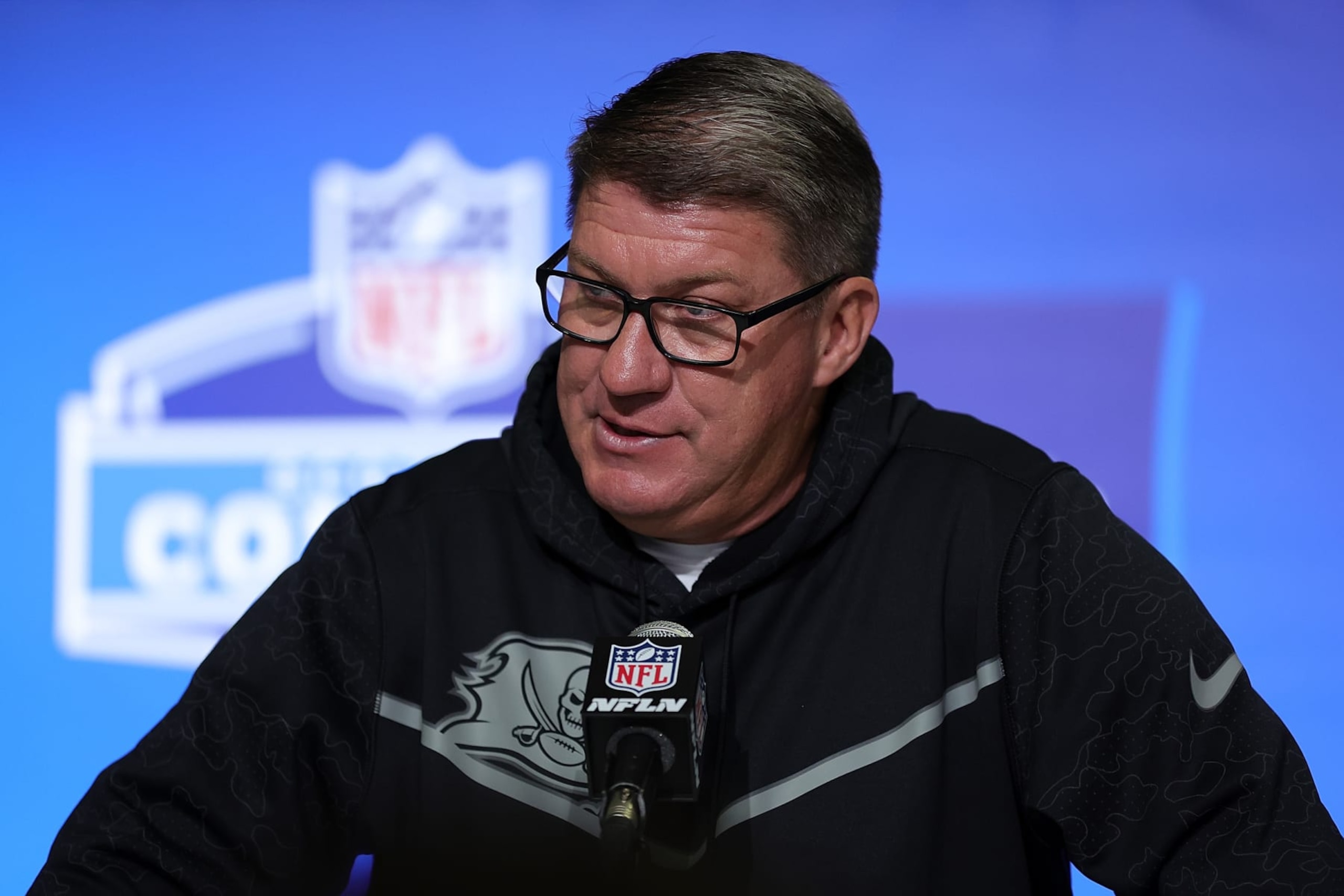INDIANAPOLIS, INDIANA - FEBRUARY 28: General manager Jason Licht of the Tampa Bay Buccaneers speaks to the media during the NFL Combine at the Indiana Convention Center on February 28, 2023 in Indianapolis, Indiana. (Photo by Stacy Revere/Getty Images)